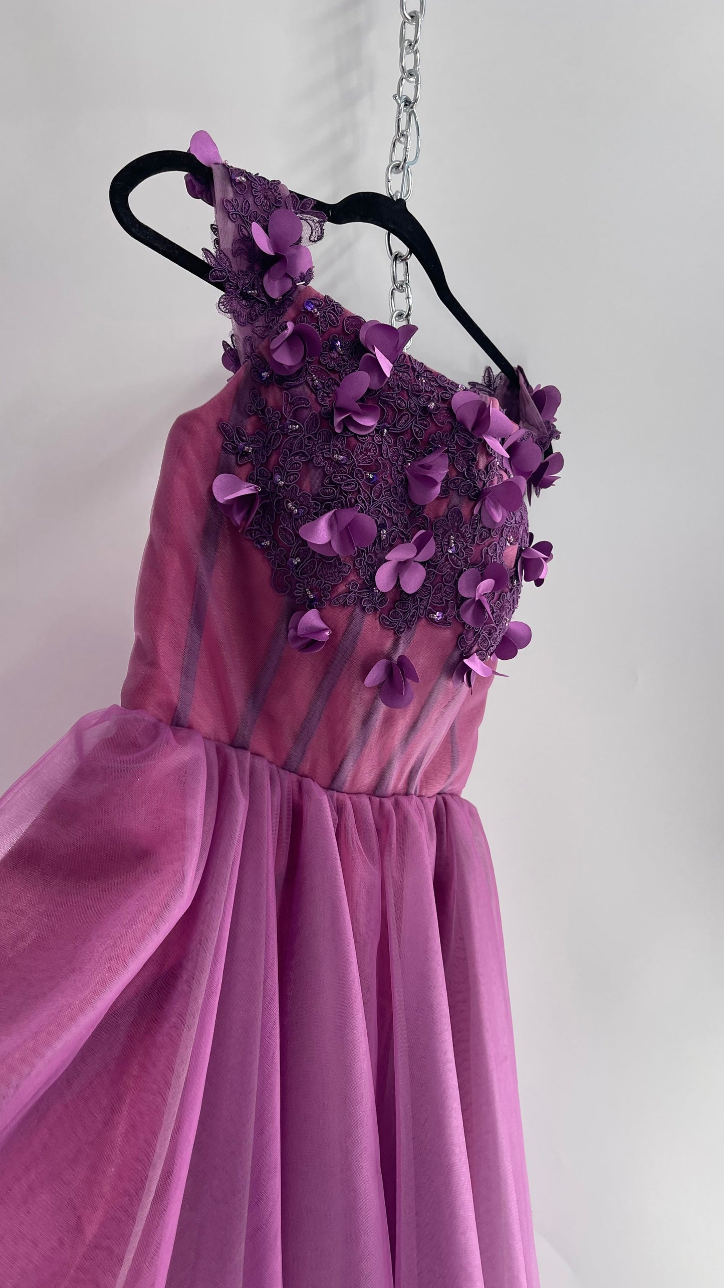 Vintage Handmade Corseted Fairy Dress with Flower Purple Pink Petals and Boning (Medium)