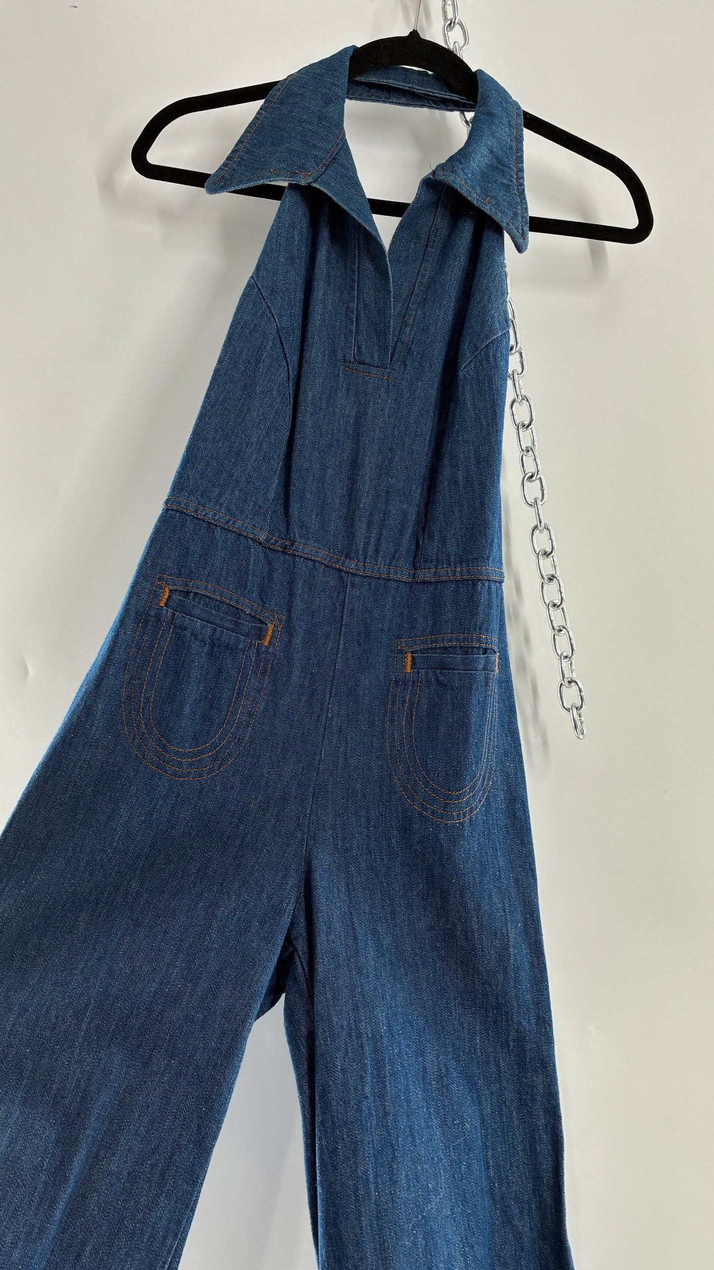 RARE Vintage 1970s Landlubber Medium Wash Denim, Sleeveless Halter, Wide Leg Bell Bottom, Jumpsuit (No Size on Tag, XS)