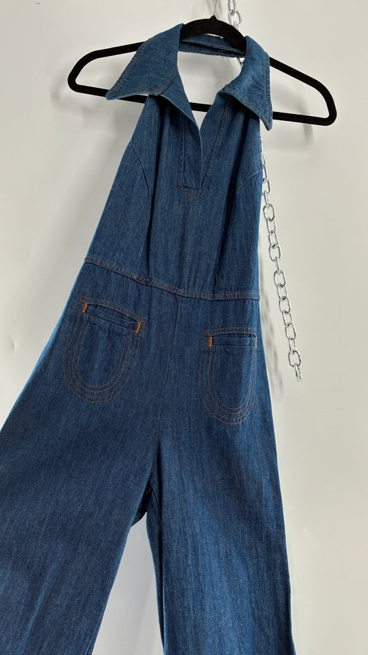RARE Vintage 1970s Landlubber Medium Wash Denim, Sleeveless Halter, Wide Leg Bell Bottom, Jumpsuit (No Size on Tag, XS)