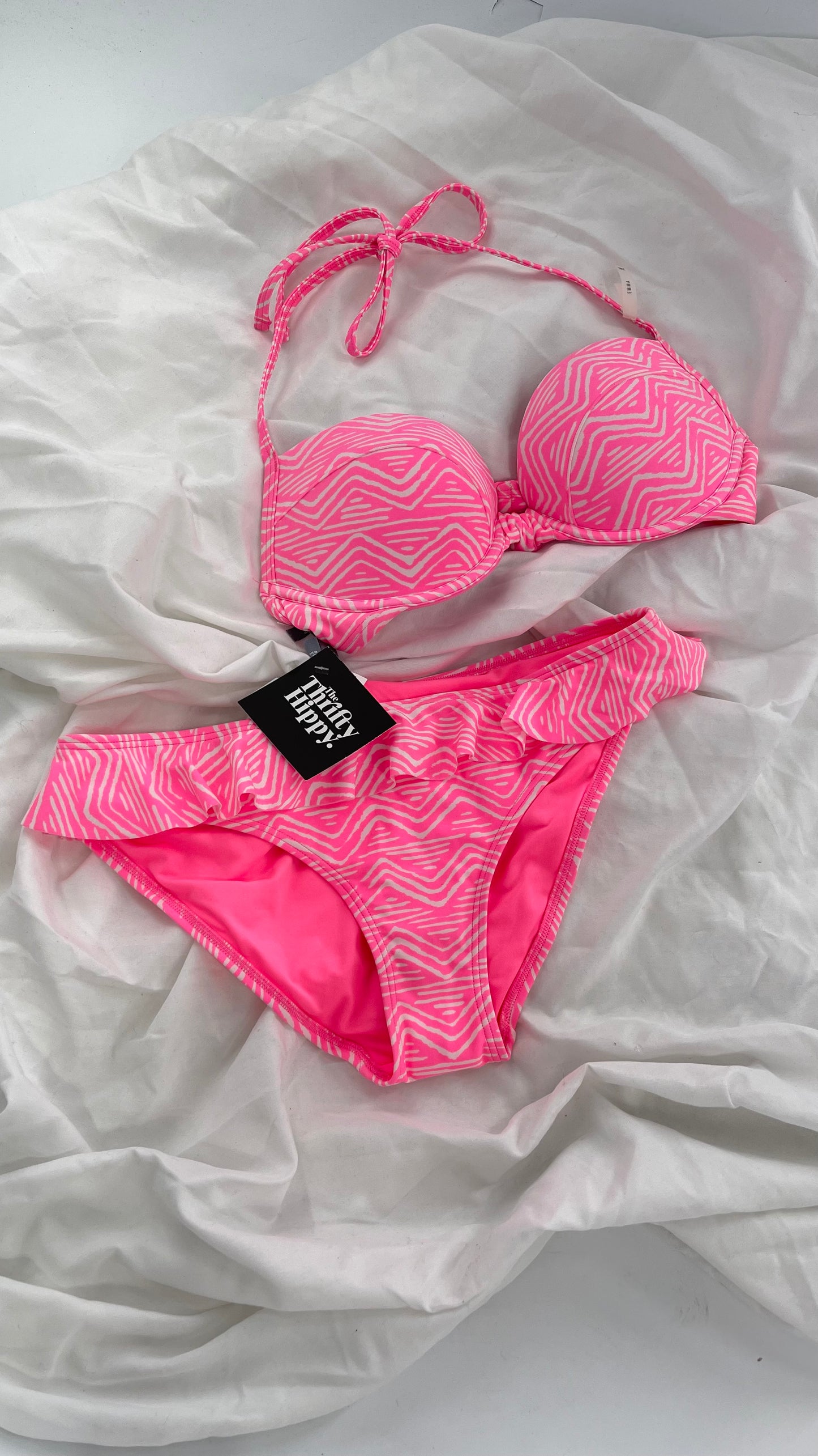 AERIE Pink Swim Set with Padded Underwire Top and Ruffled Bottoms (34C/M)