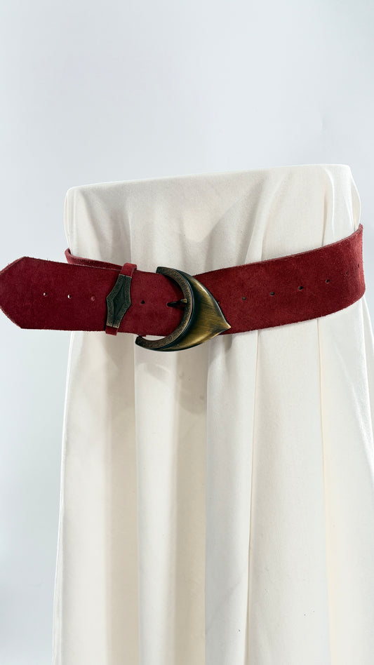 Genuine Suede Leather Maroon Red Belt w Oversized Engraved Buckle
