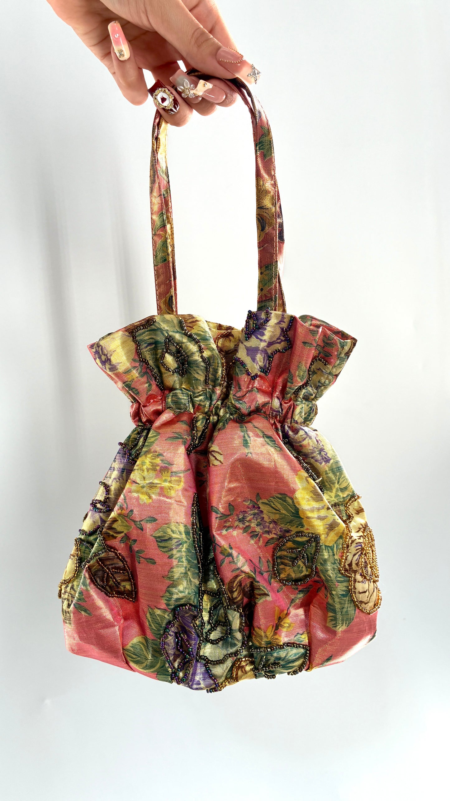 Vintage Metallic Cinch Bag with Beaded Florals