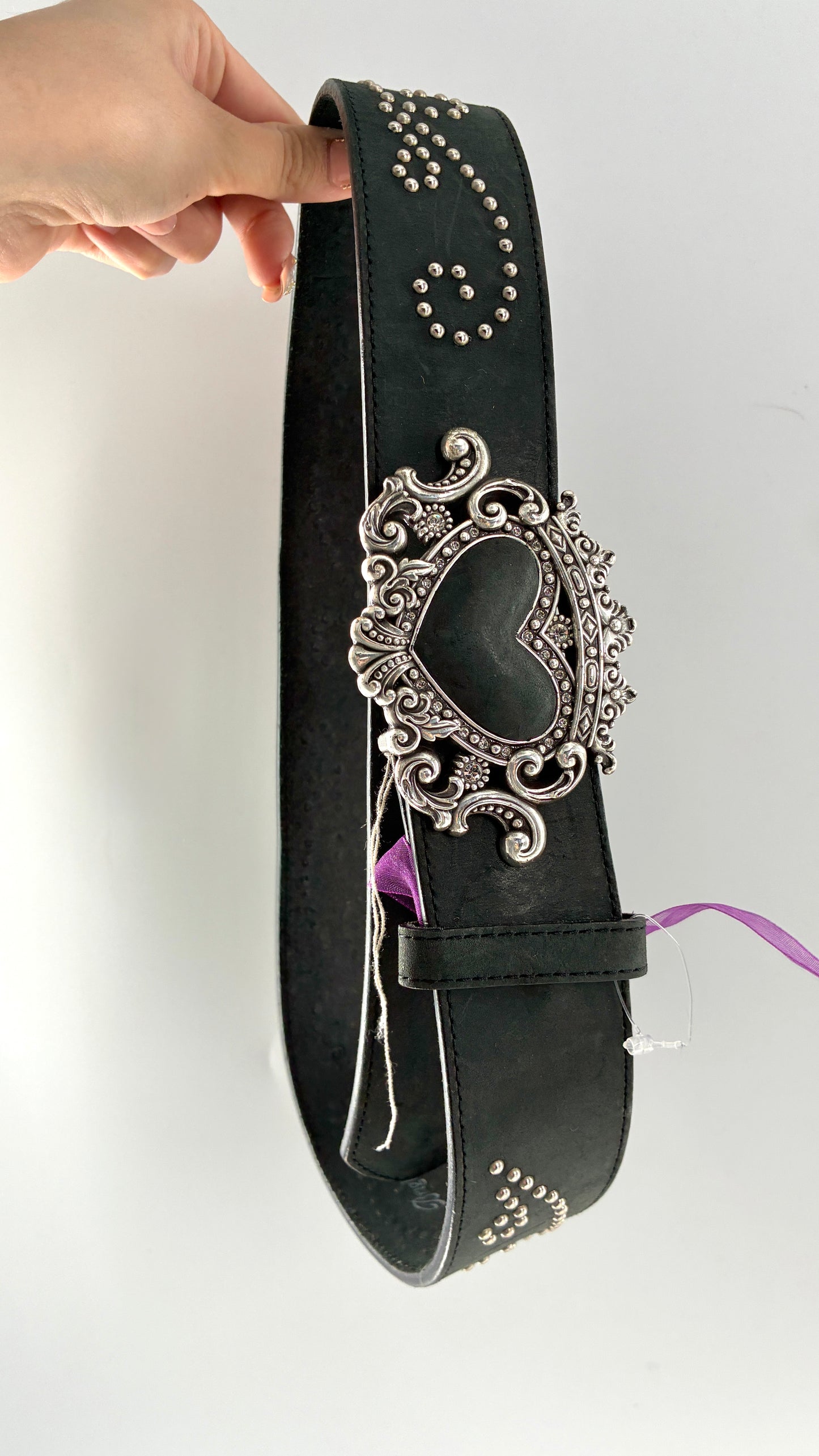 Extremely RARE Vintage BRIGHTON Genuine Leather Black Studded Belt with Crowned Heart Buckle (ML32)