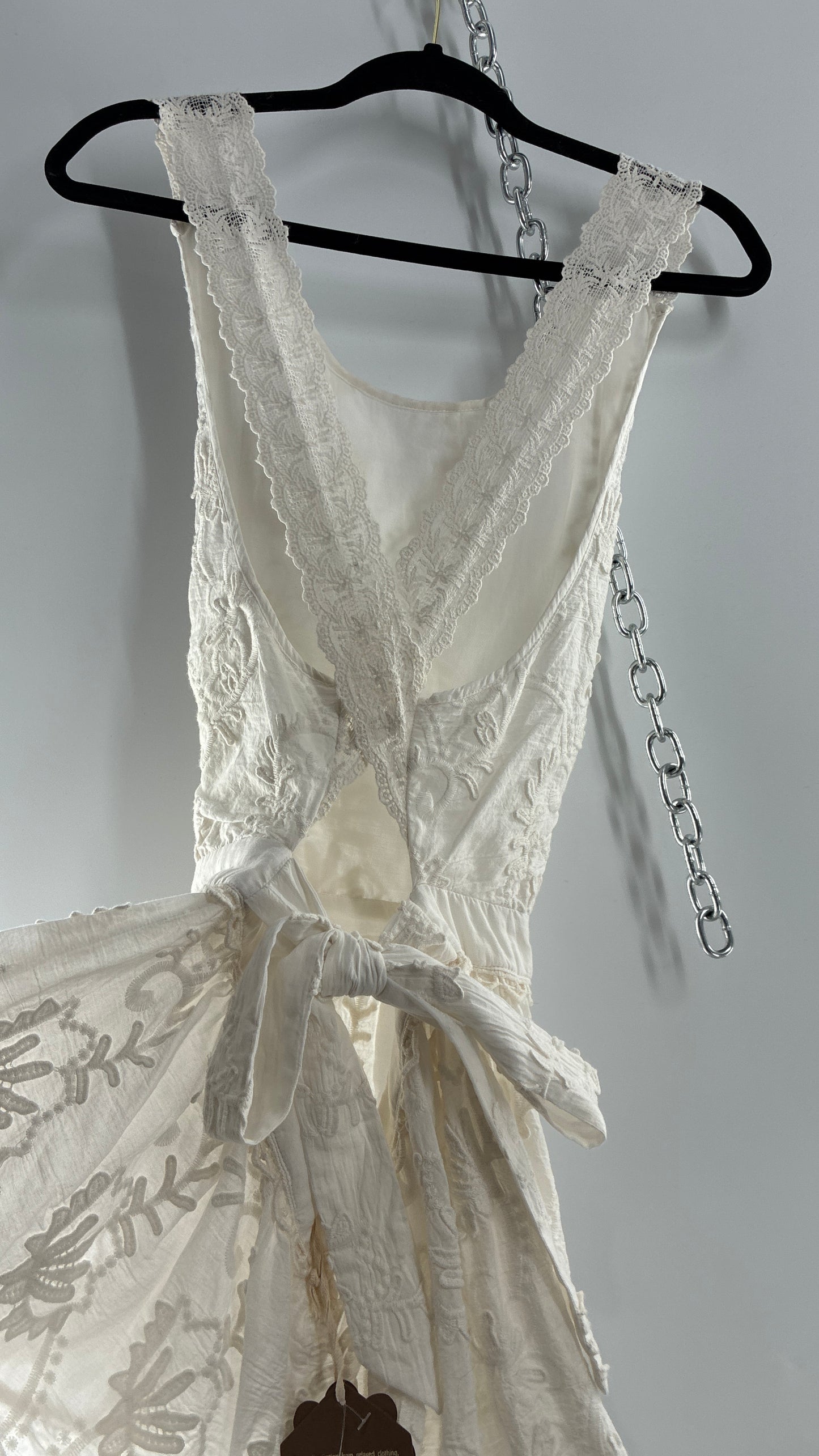 Forever That Girl Anthropologie White Apron Style Blouse with Low Open Back, Tie Detail, and Tags Attached (6)