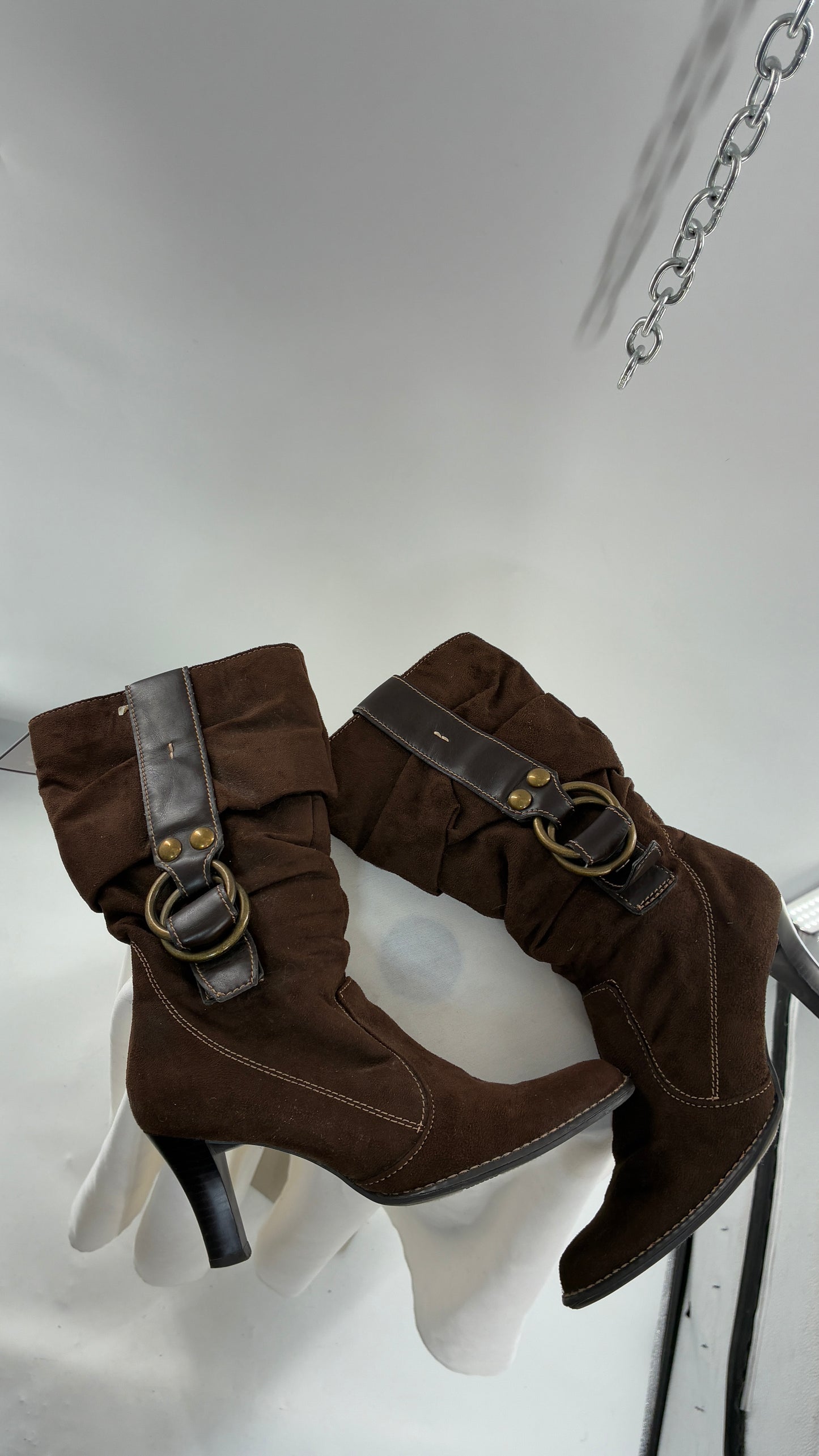 Vintage PREDICTIONS Vegan Suede Brown Stacked Boots with Buckle Detail (6.5)