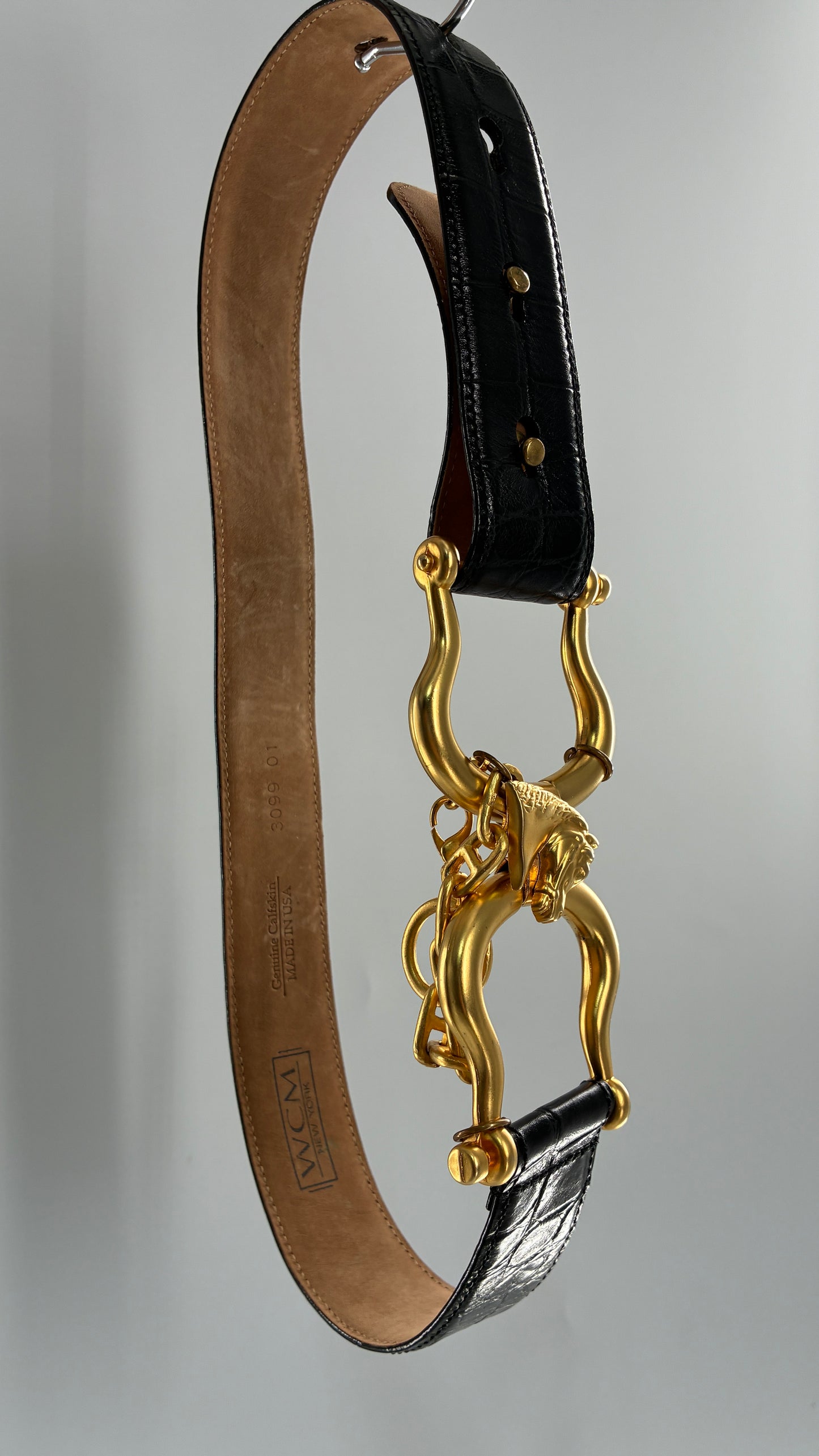 Vintage WCM New York Genuine Calfskin Belt with Golden Sculptural Horse Head Door-Knocker Buckle and Chain Detail  (Medium)