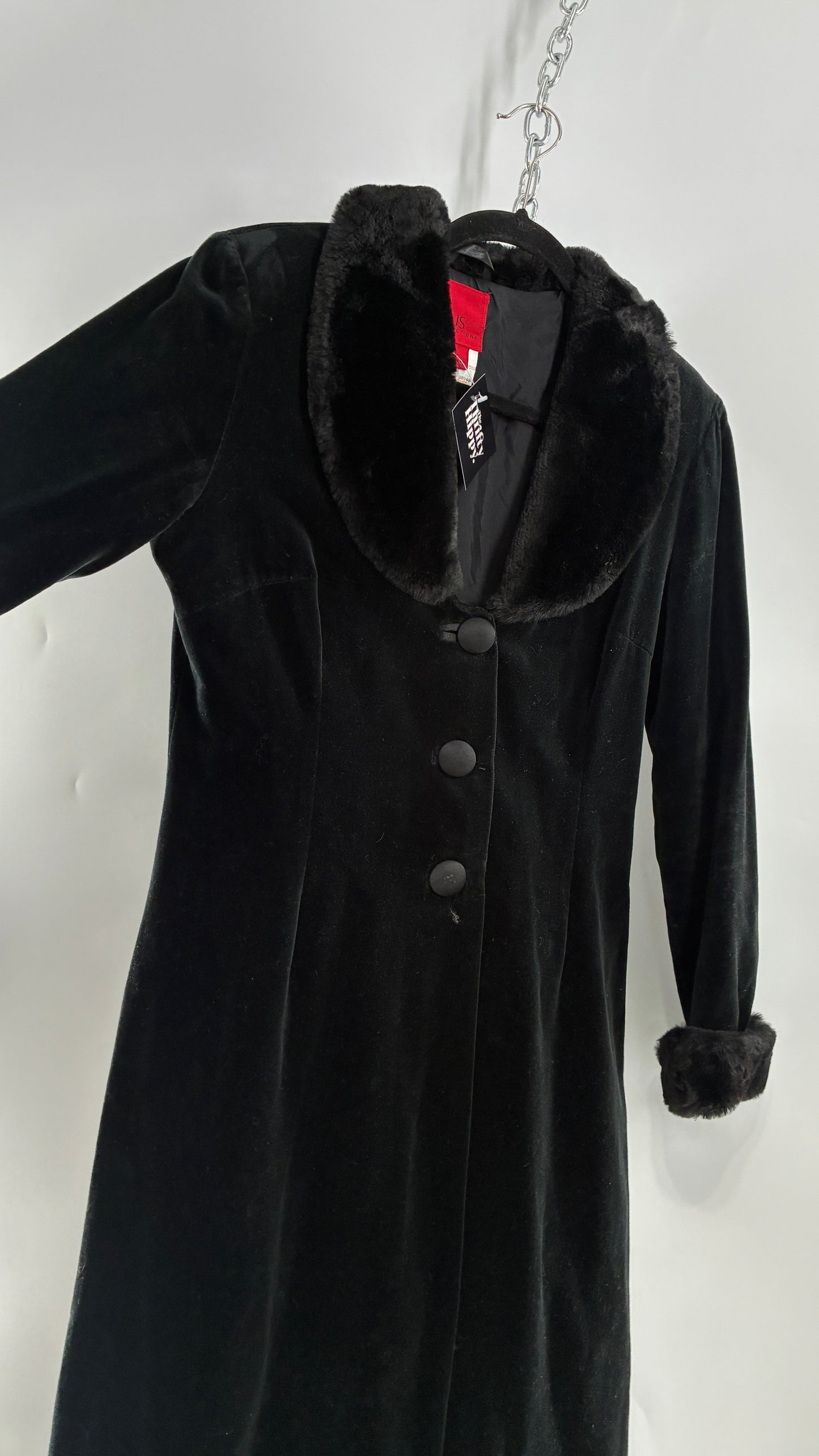 Vintage JS Collection Velour Duster Coat with Deep Neckline, Vegan Fur Collar and Cuffs (Large)