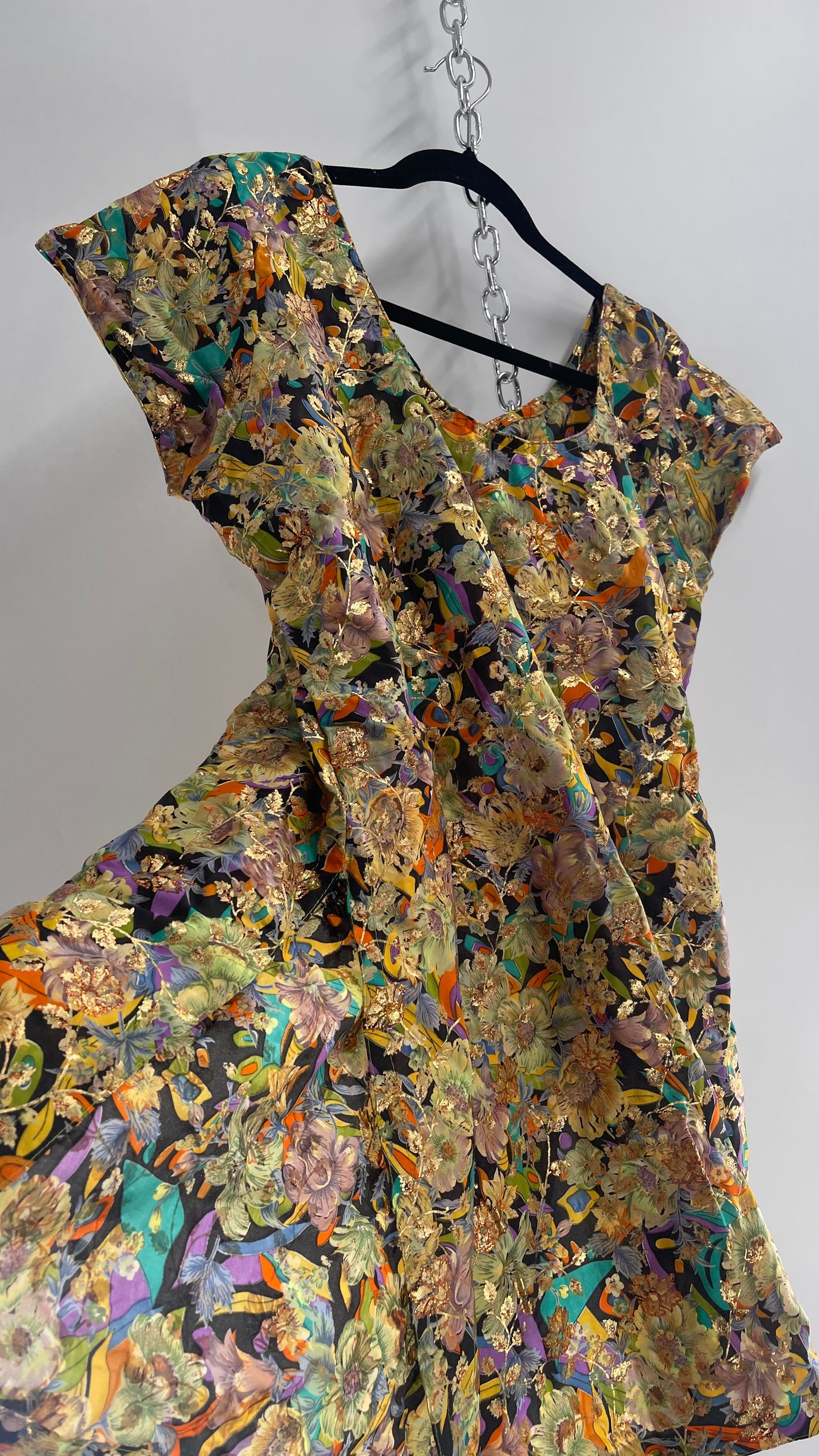 Vintage Imported Contrasting Floral Side Slit Tunic Silk with Hand Painted Glitter Details (Medium)