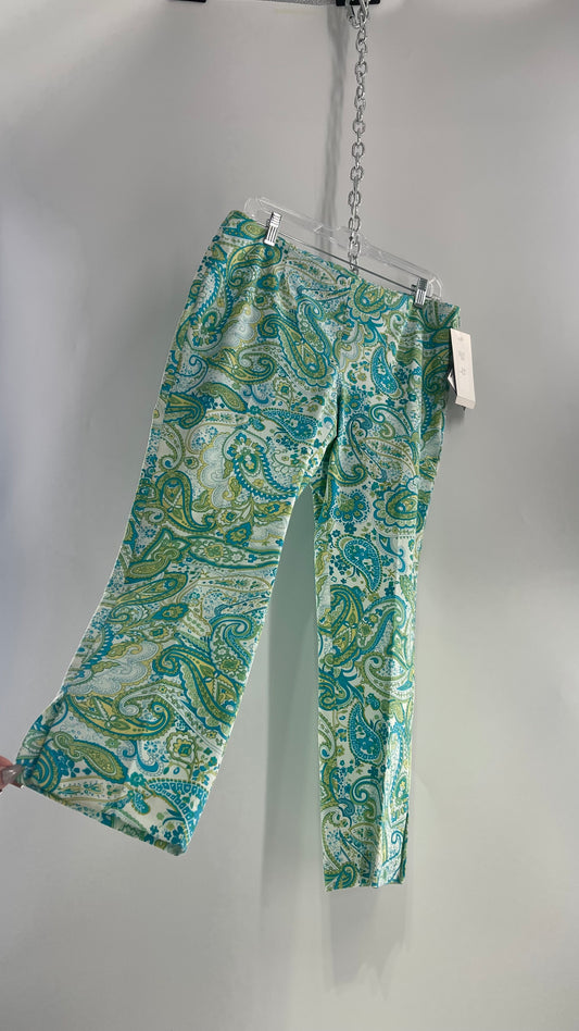 VINTAGE WOMYN Blue Green Paisley Patterned 1990s Capris with Tags Attached (12)