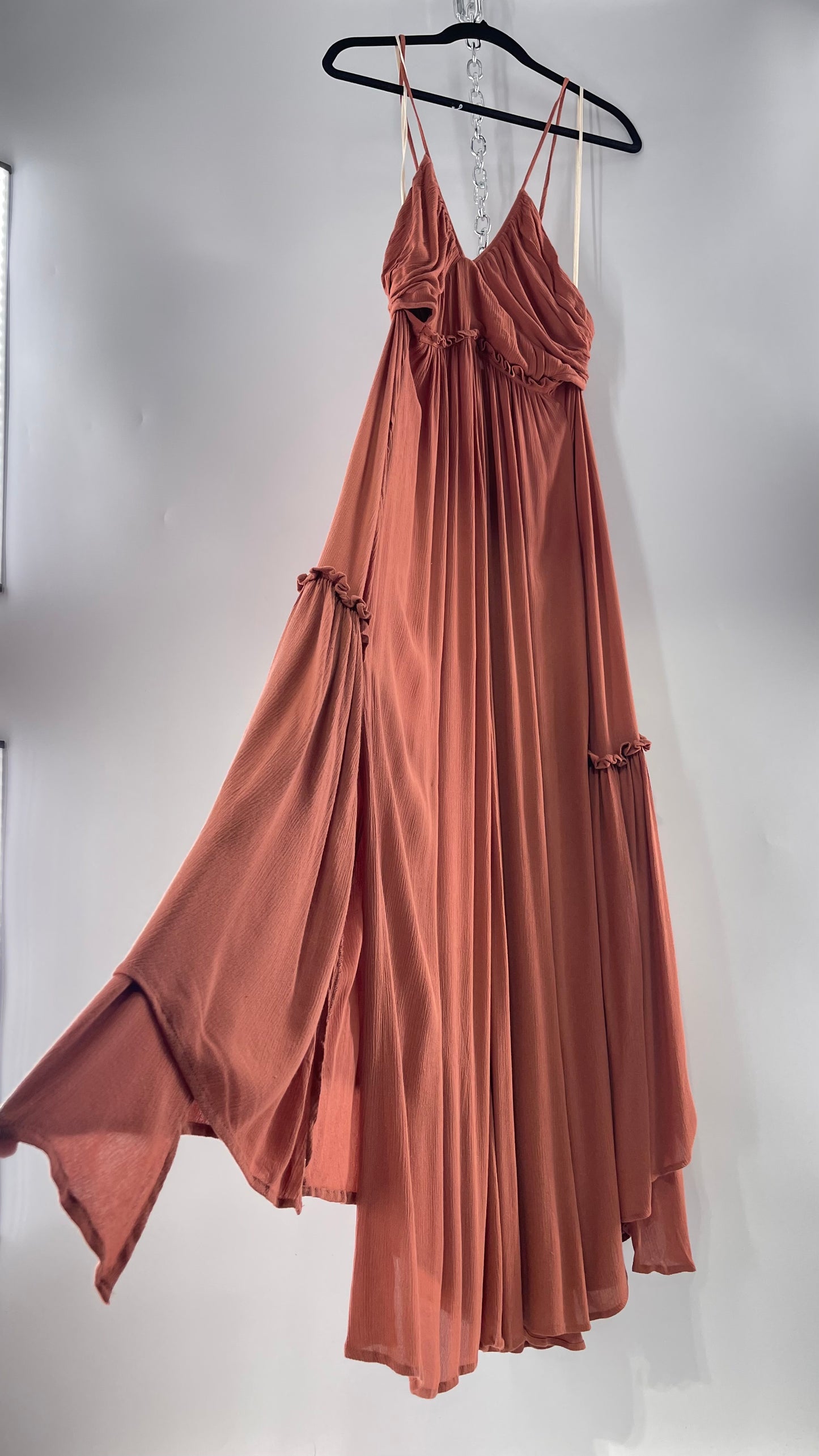 Free People Terracotta/Apricot Toned Voluminous Gown with Open Cut Out Sides and Low, Open Back (Large)