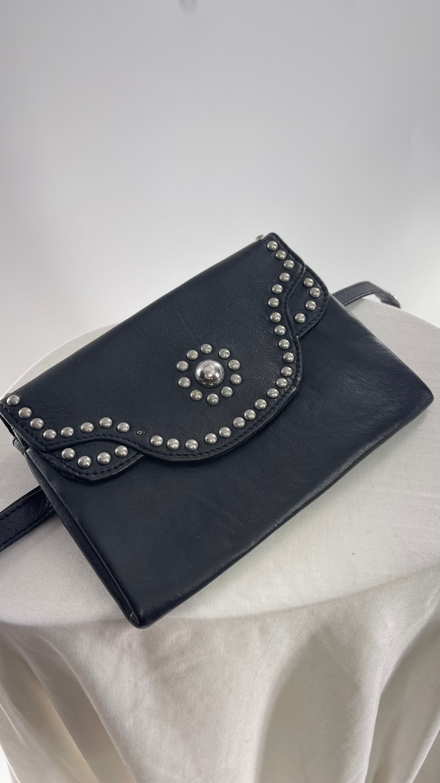 Free People Black Leather Waist Belt Purse with Silver Studs