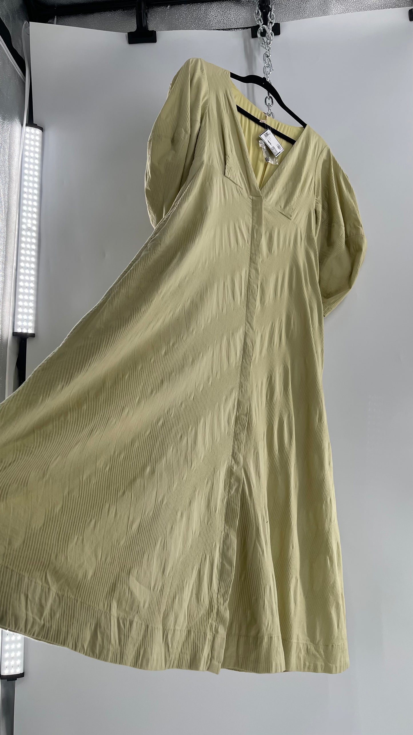 Free People Sage Green Textured Hidden Wooden Button Front Maxi with Back Pleating (Small)