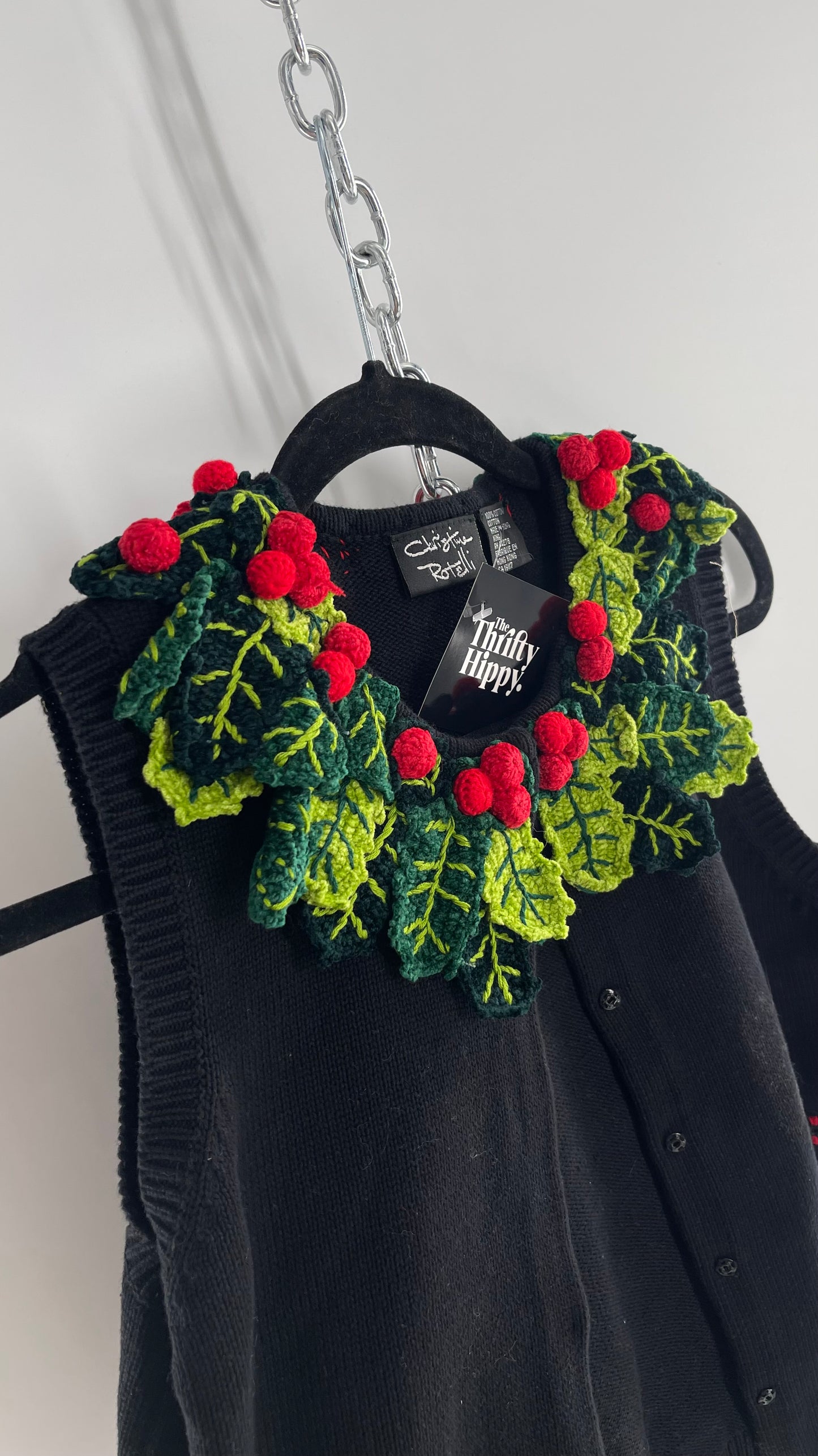 VINTAGE Christine Rotelli Hand Knit Vest with Mistletoe Collar (Small)