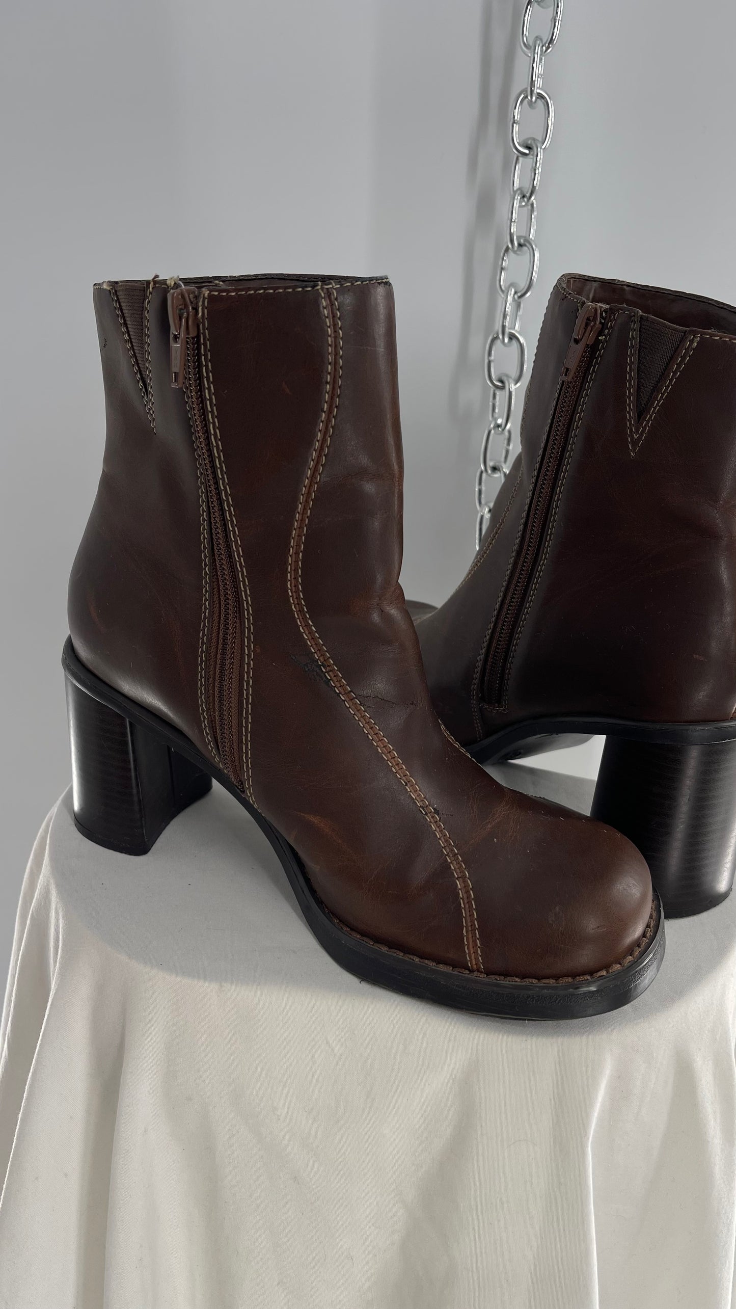 Vintage Lower East Side Brown Leather Wavy Stitch Round Toe Booties with Chunky Heel  (8.5)