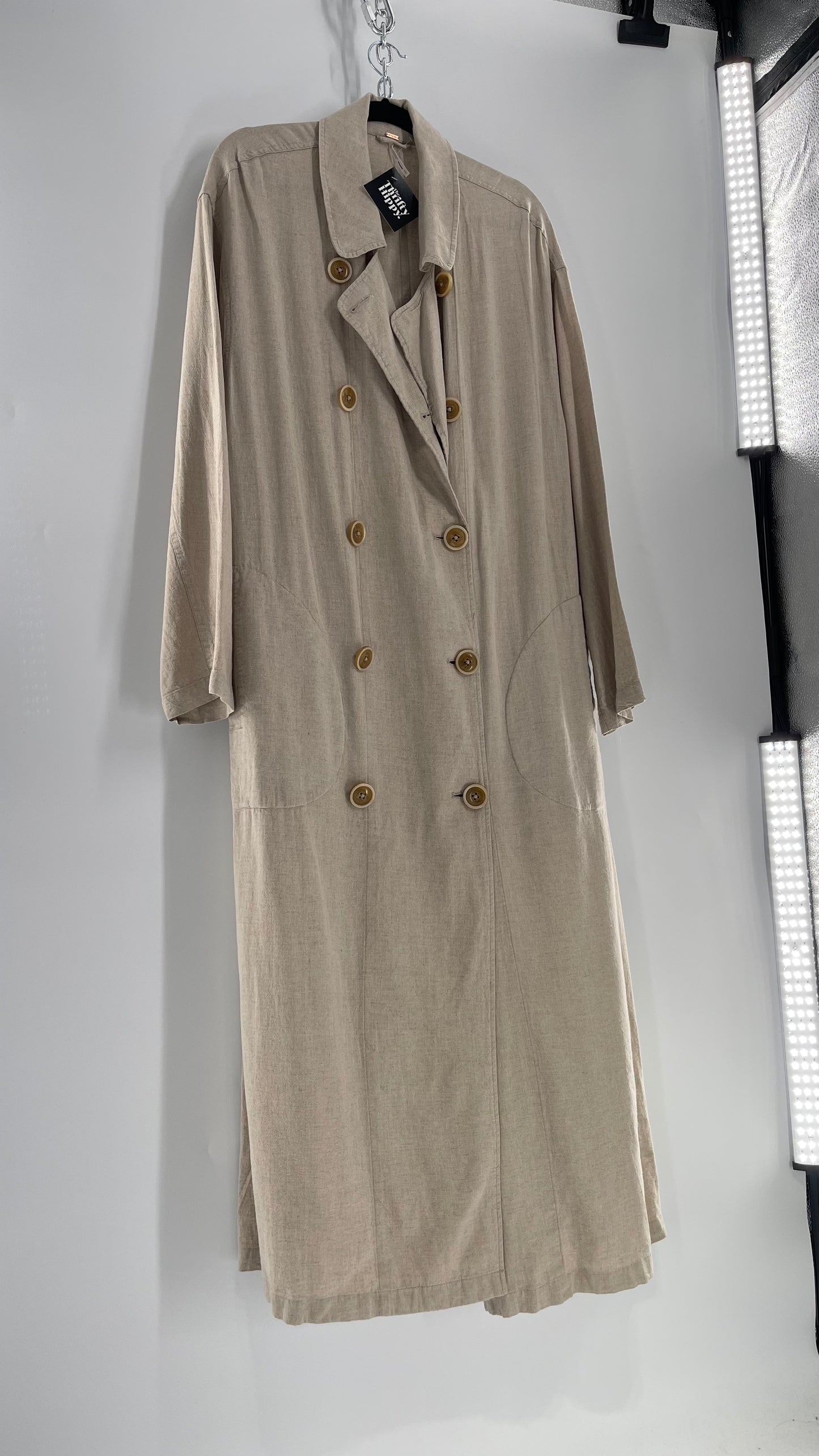 Free People Double Breasted Beige Linen Trench Coat with Brown Buttons and Tags Attached