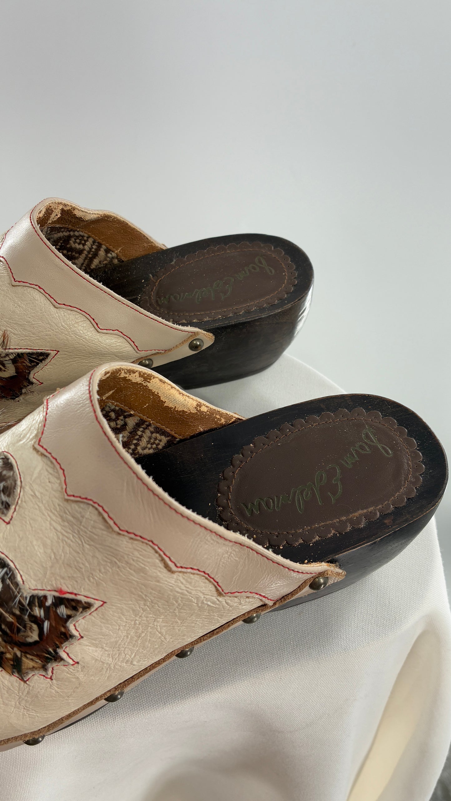 RARE 1970s Vintage SAM EDELMAN Cream Leather Clog with Feathered Phoenix (8)