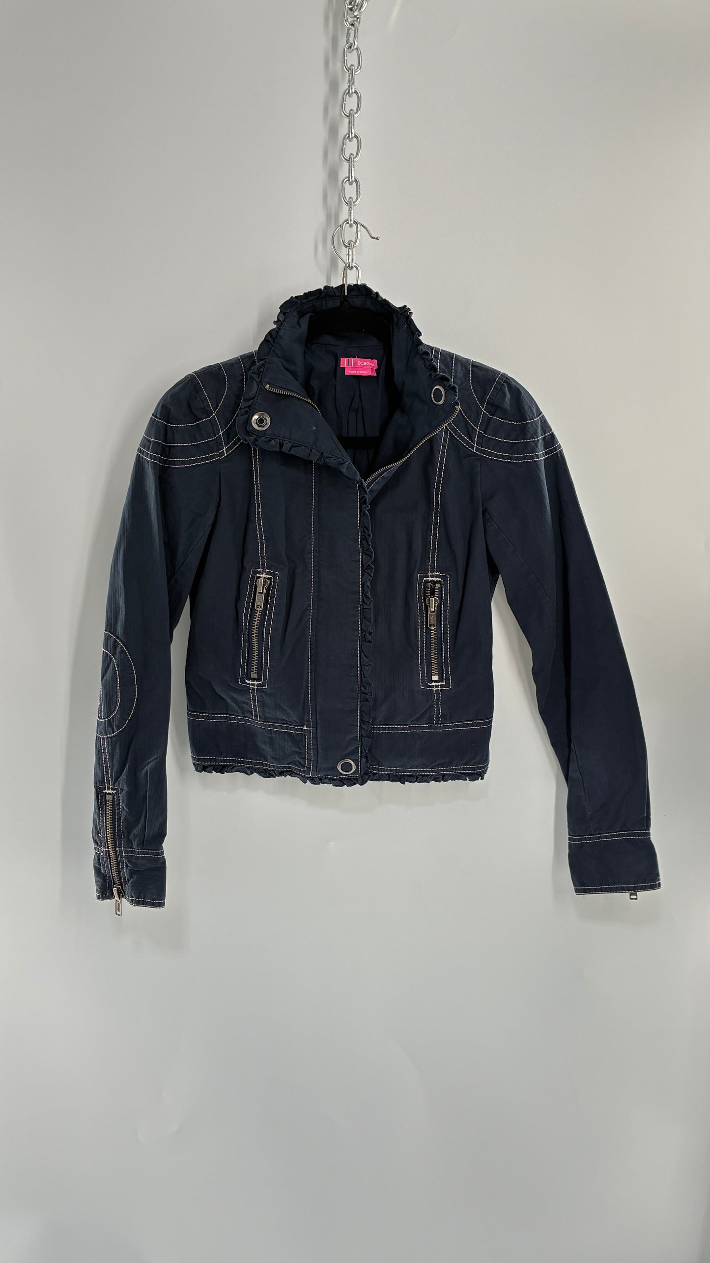 Vintage BCBGirls Navy Blue Canvas Jacket with White Stitching (2)