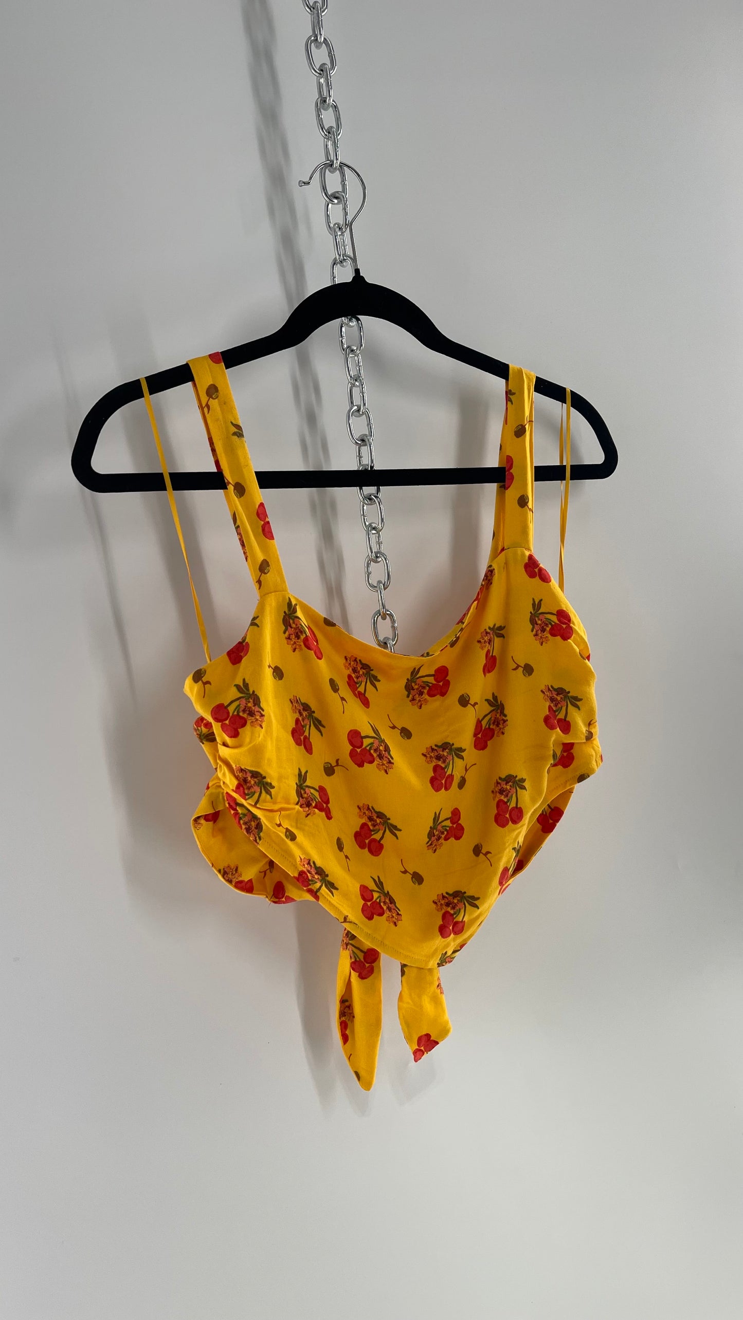 Urban Outfitters Yellow Cherry Printed Crop with Tie Back Top (XS)