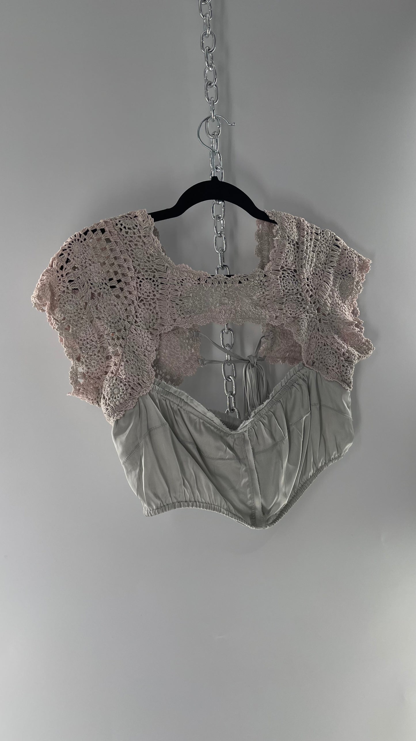 Intimately Free People Silver Satin Cropped Bustier with Crochet Shrug High Neckline (Large)