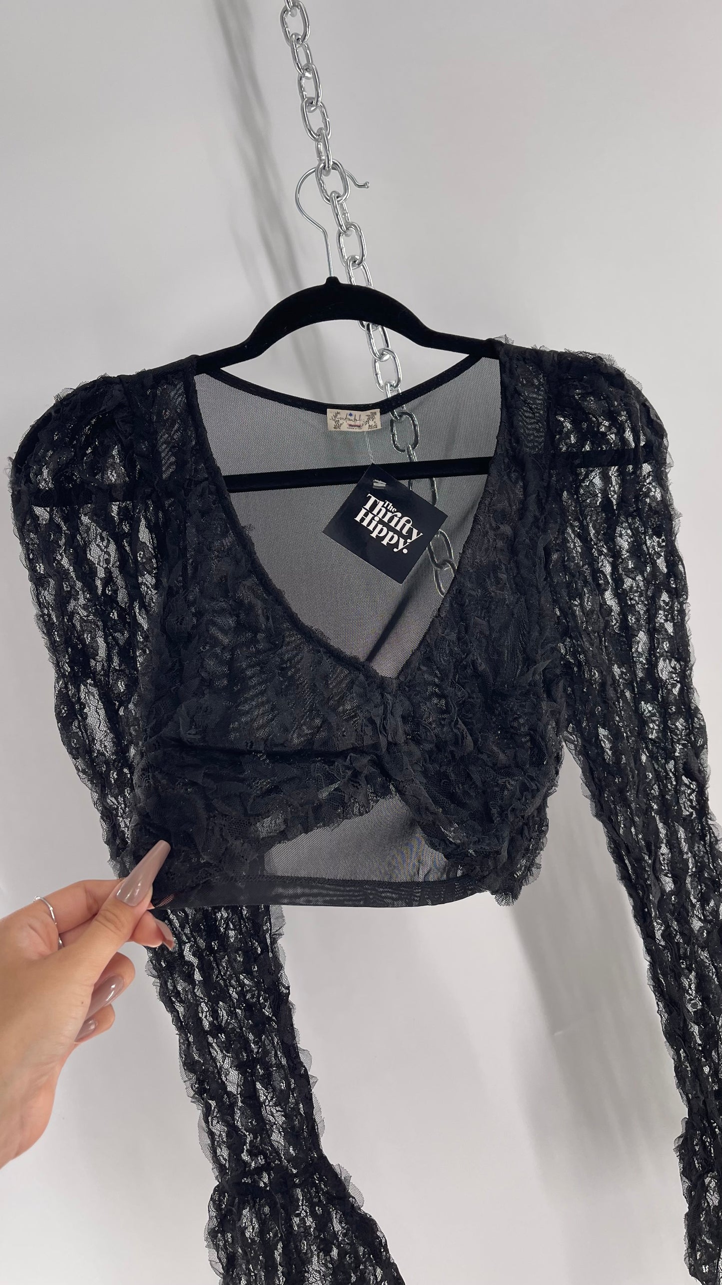 Intimately Free People Black Rosette Mesh Cropped Long Sleeve (XS)