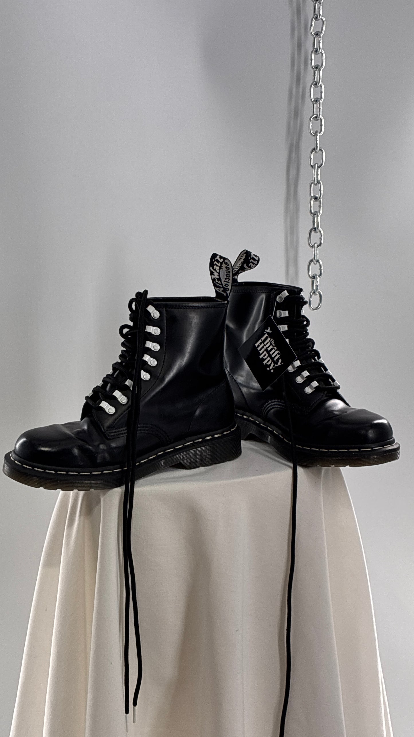 Vintage DR.MARTENS AirWair 1460 DISRUPT Black Patent Leather Boots with White Hardware (8L, 7M)