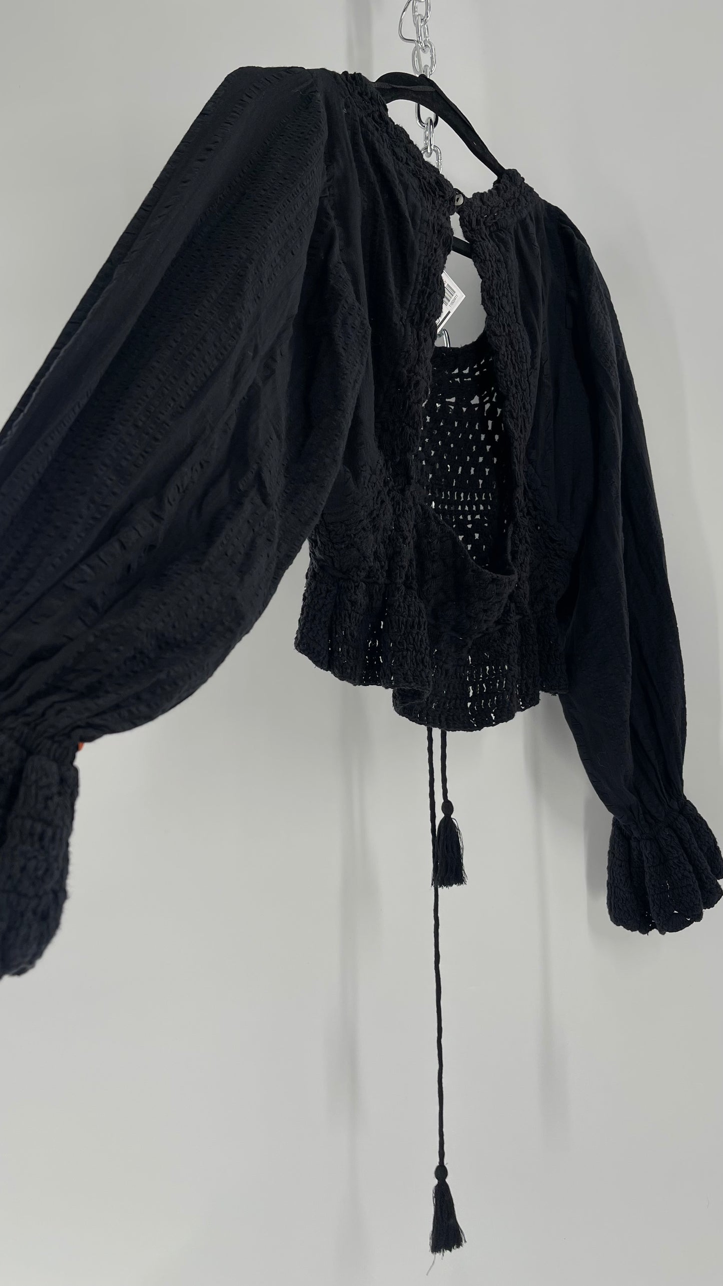 Free People Black ‘Megan’ Woven Macrame Crochet Cropped Blouse with Balloon Sleeves and Flared Cuffs (XS)