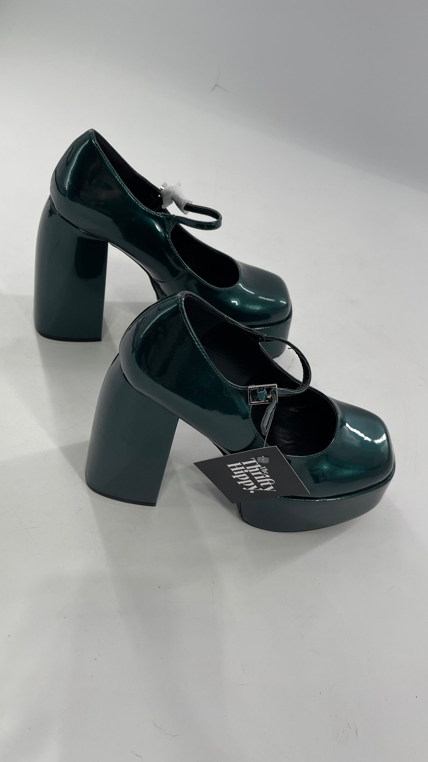 KOI FOOTWEAR Patent Emerald Green Platform Chunky Heel Mary Janes (9/39)