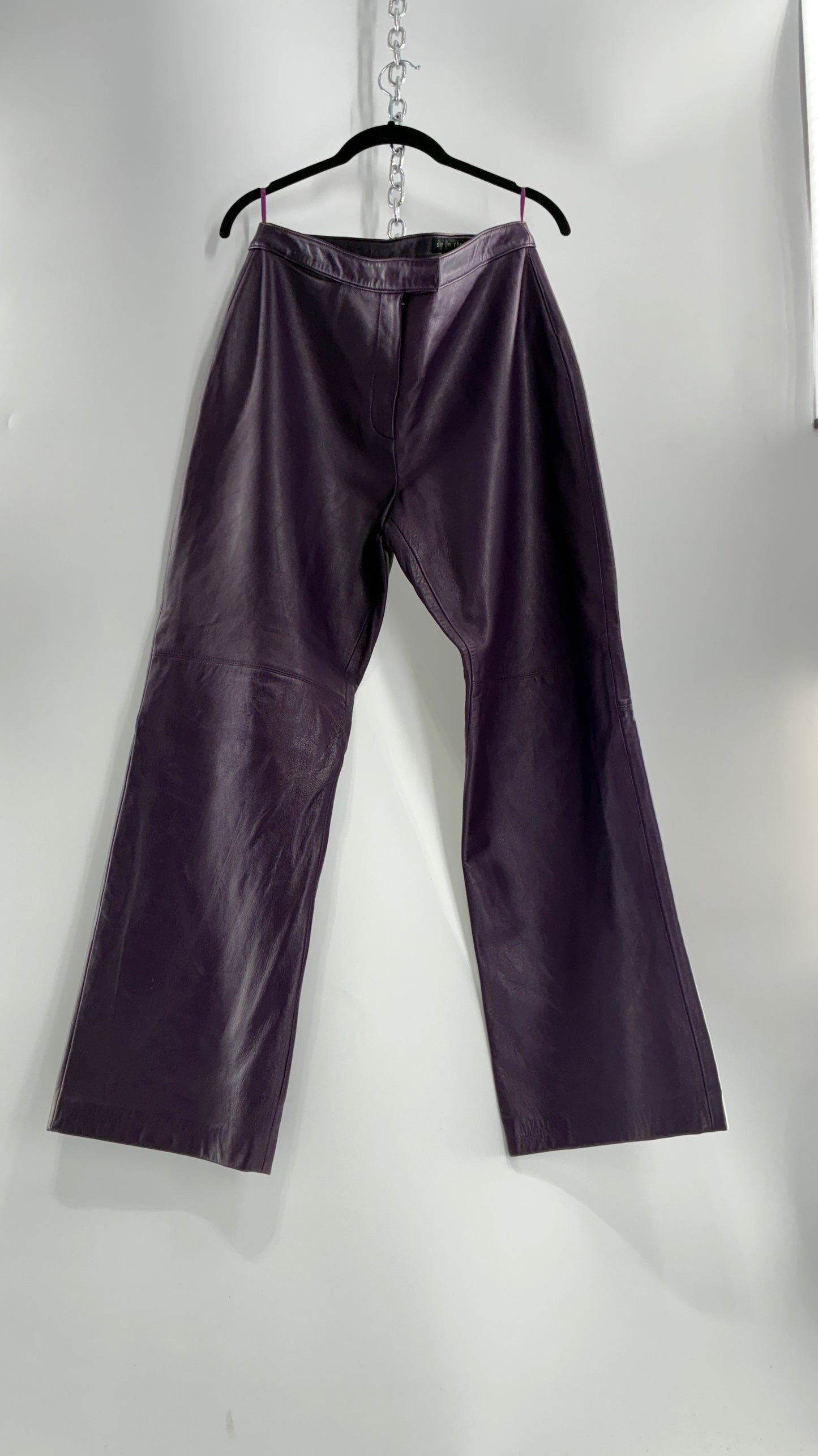 Vintage SHIN CHOI Genuine Italian Leather Purple Side Closure Low Rise Pants (12)