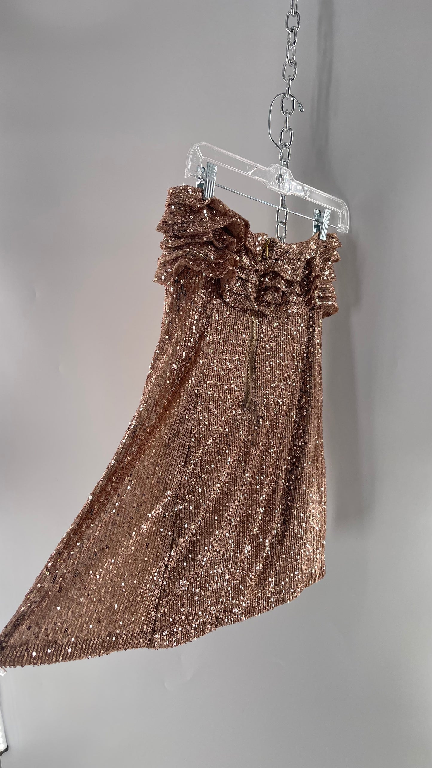 Free People Rose Gold Sequin Mini Dress with Ruffled Bust and Statement Back Zipper (4)