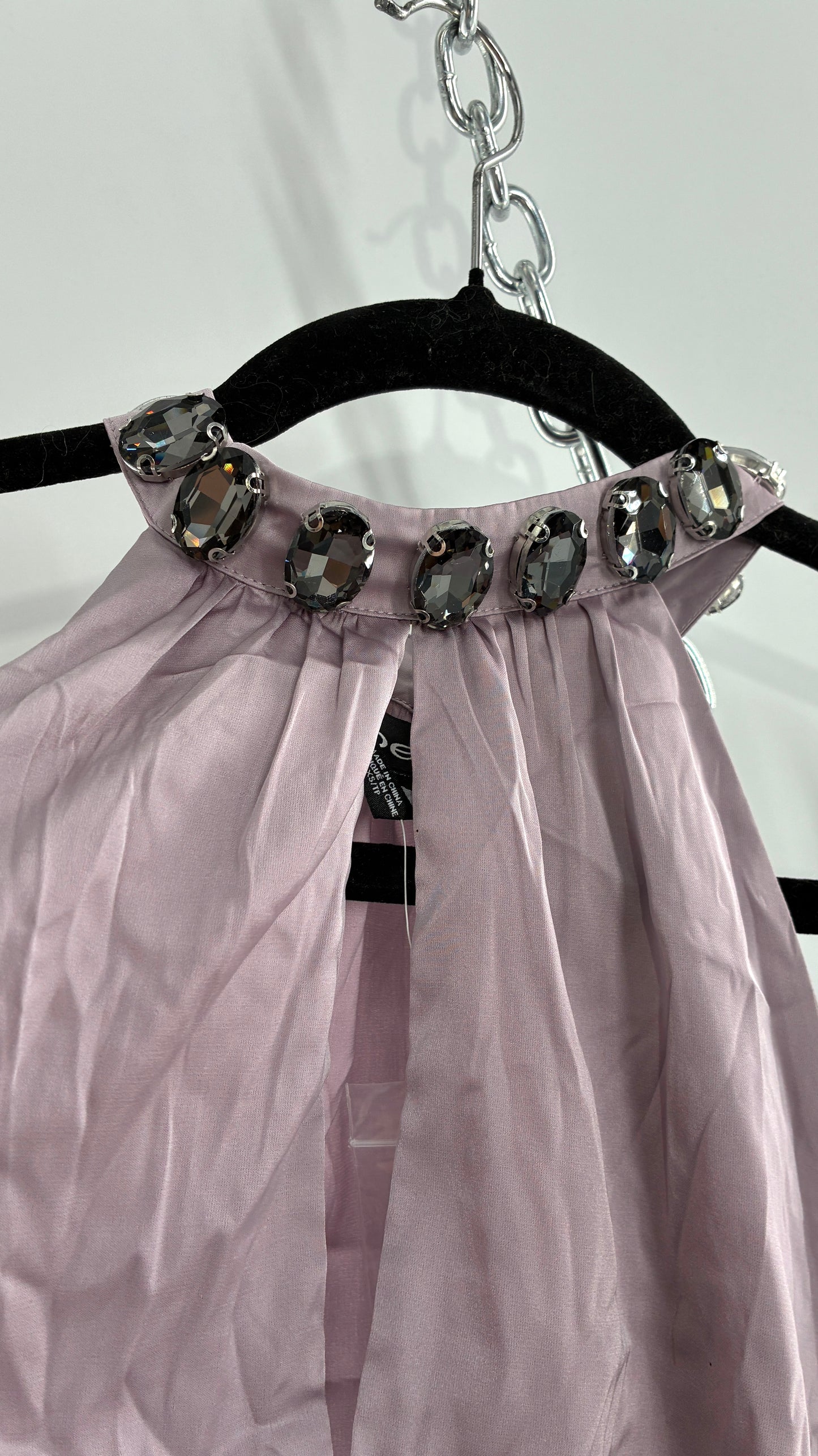 Deadstock Vintage BEBE Silky Dusty Purple Halter with Oversized Rhinestone Choker (XS)