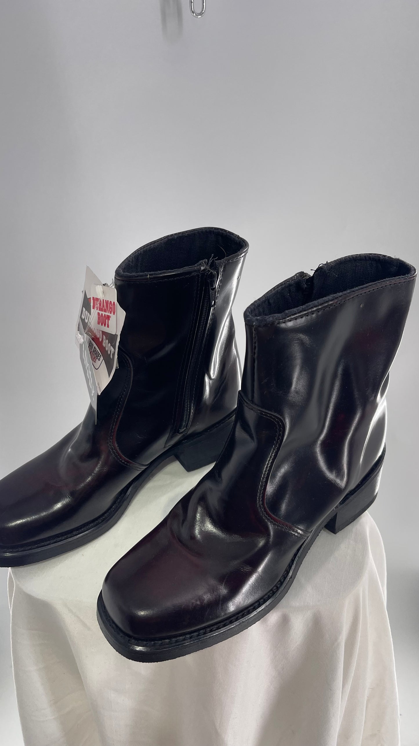 Vintage 1970s DURANGO Cherry/Deep Brown Patent Square Toe Men’s Boots Neoprene Oil Resistant (9)