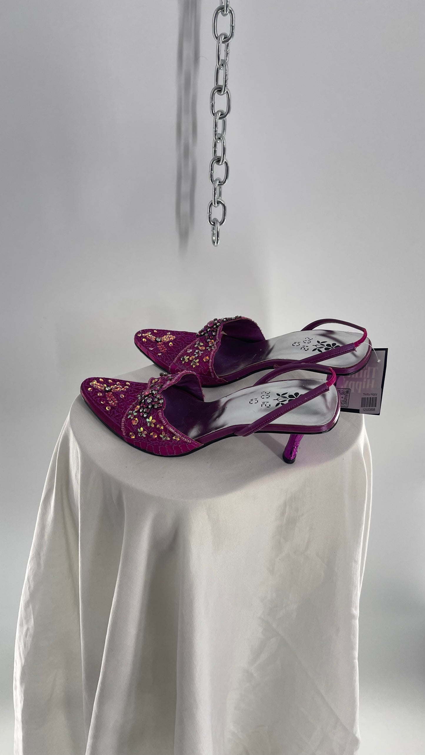 Vintage 20:12:10 Fuchsia Beaded Satin Pointed Toe Slingback Heels (7.5)