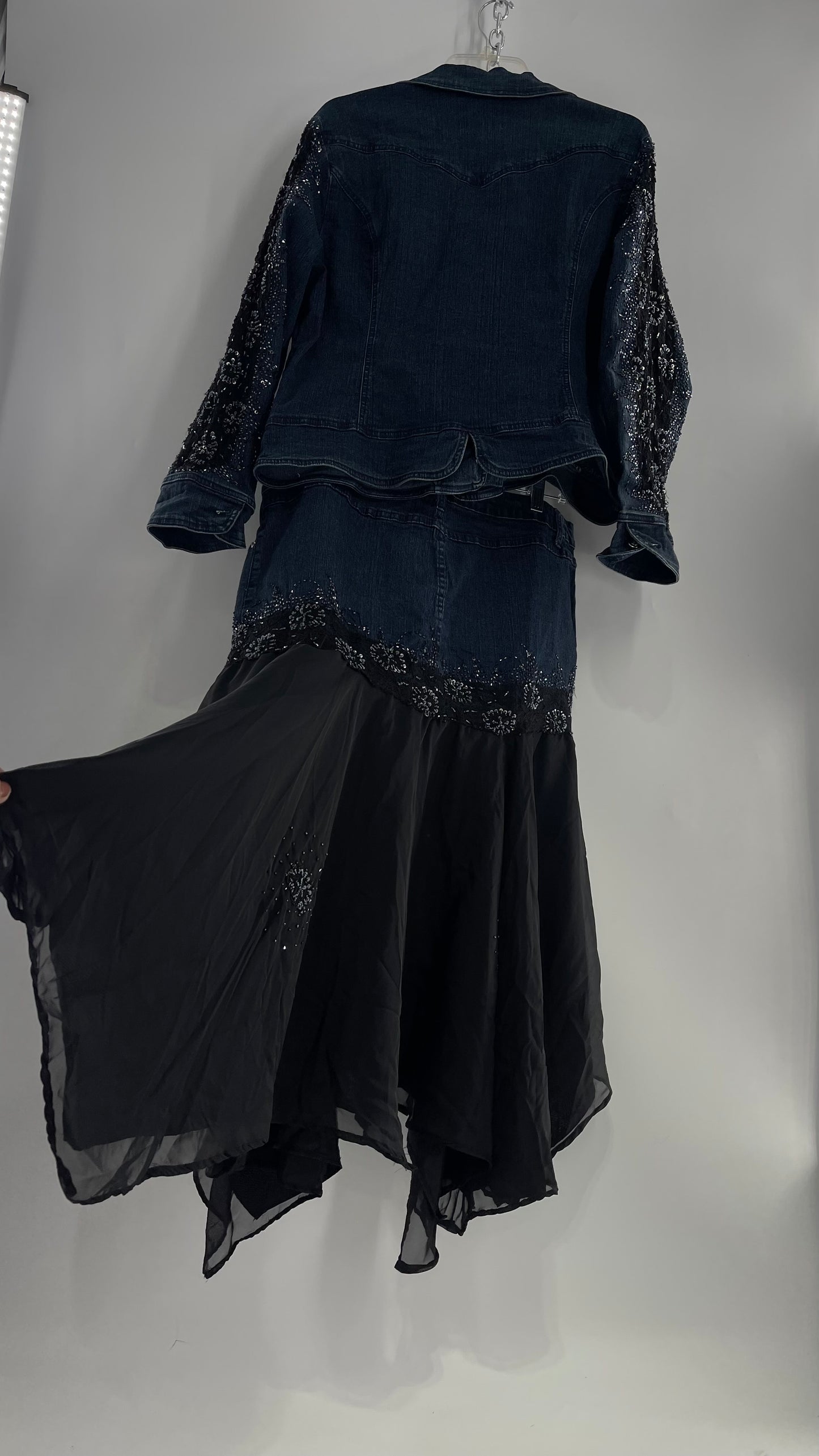Vintage Ashley Stewart Denim Skirt and Button Up Set with Black Embroidered and Beaded Lace Details + Handkerchief Skirt (16W)