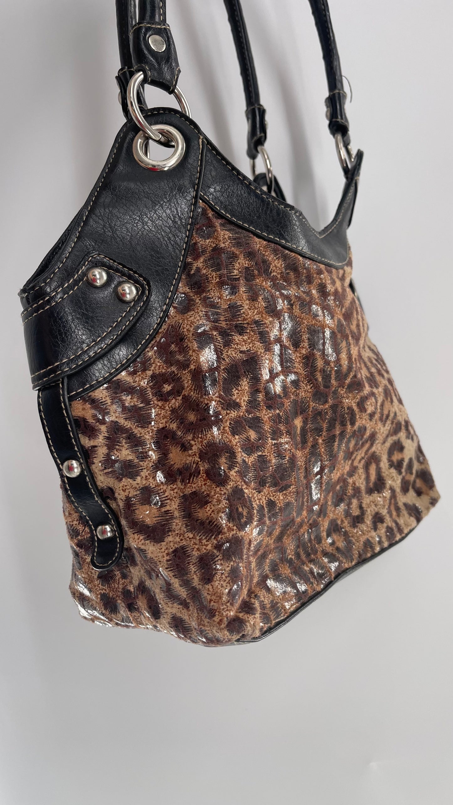 Vintage Rosetti Sequin Cheetah Bag with Leather Trim and Straps