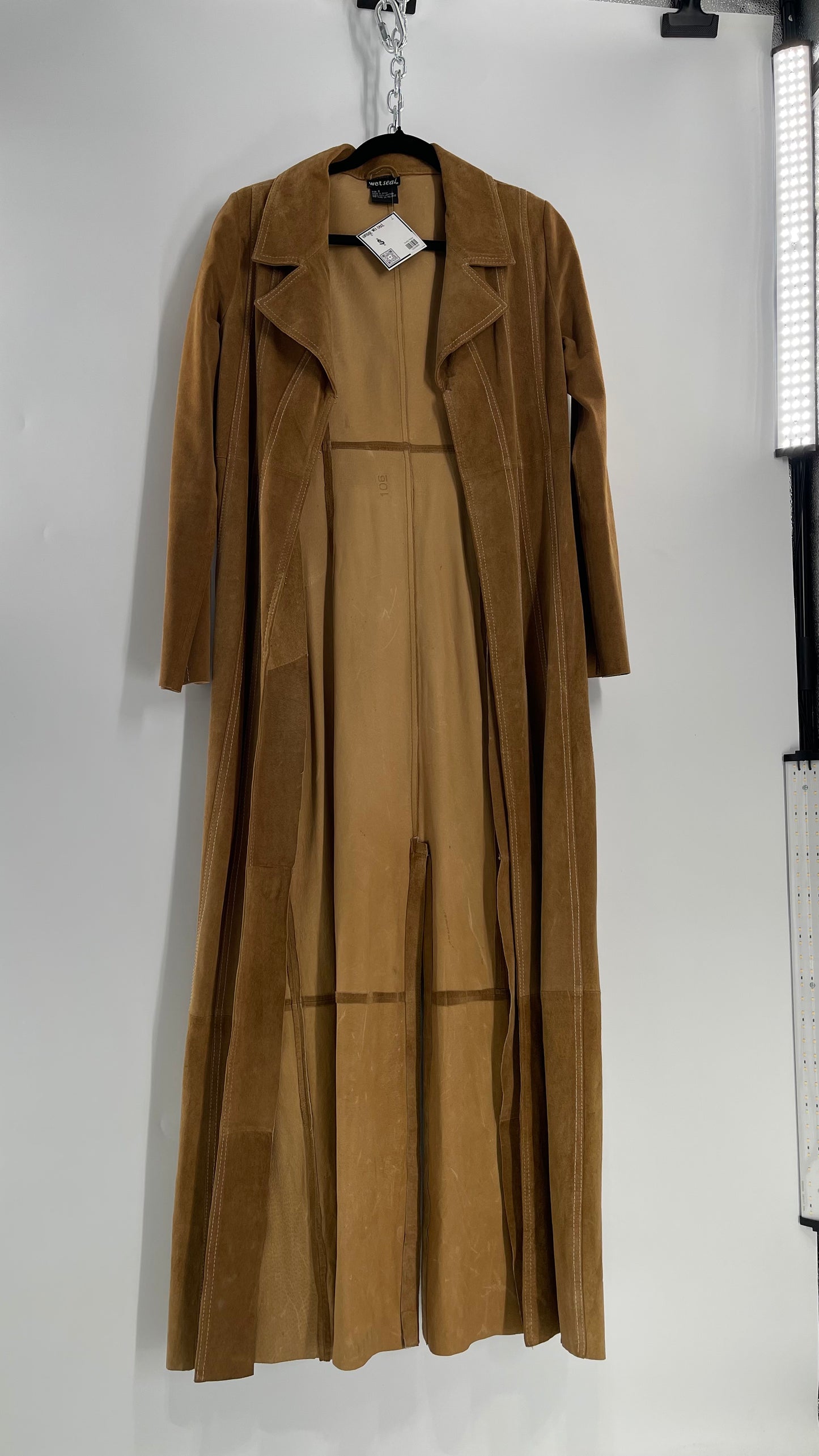 Vintage Wet Seal Full Length Paneled Tan Leather Sweeping Coat (Small)