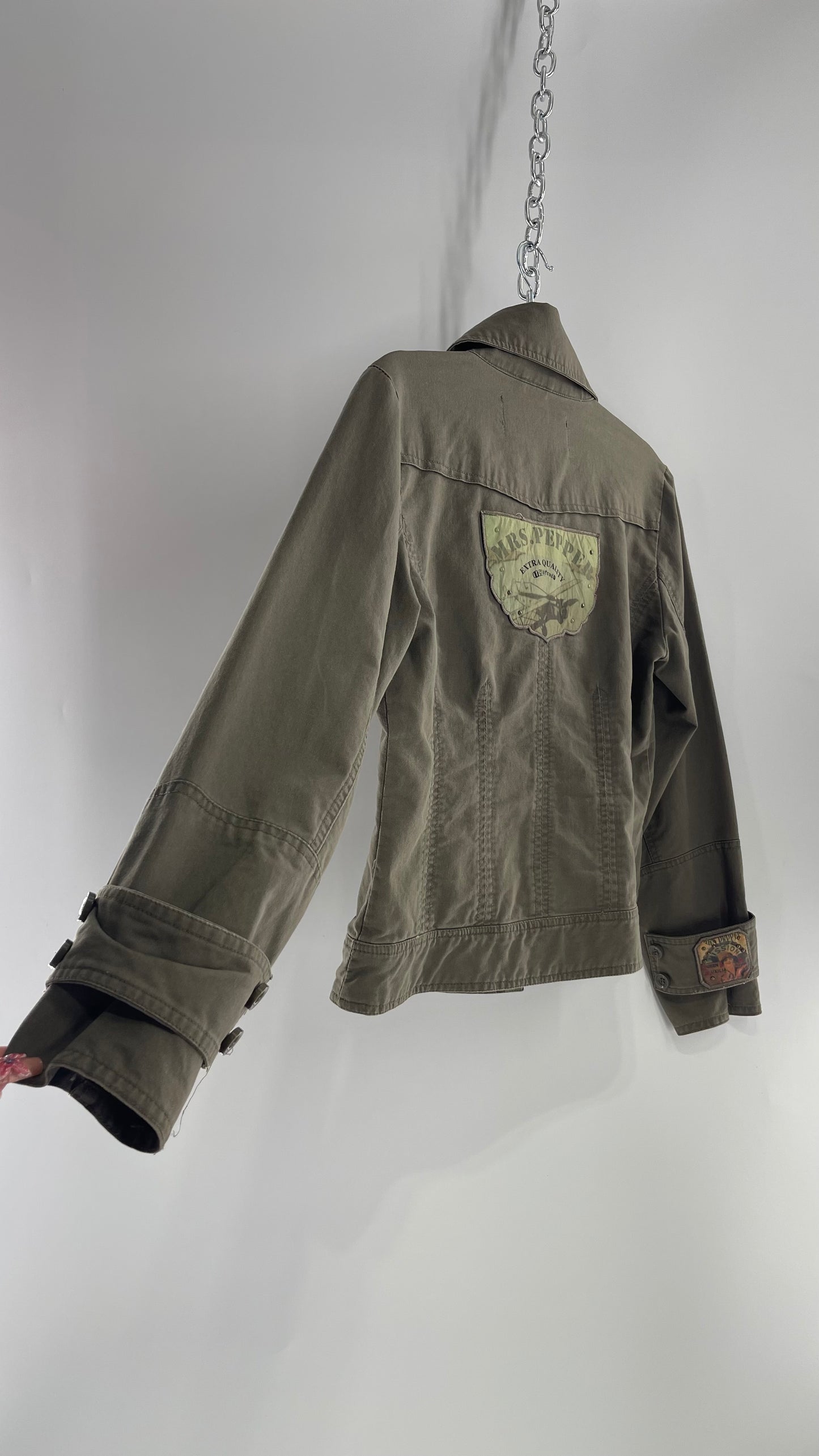 Vintage Mrs.Pepper Army Olive Green Jacket with Military Style Patches and Cuffs (Small)