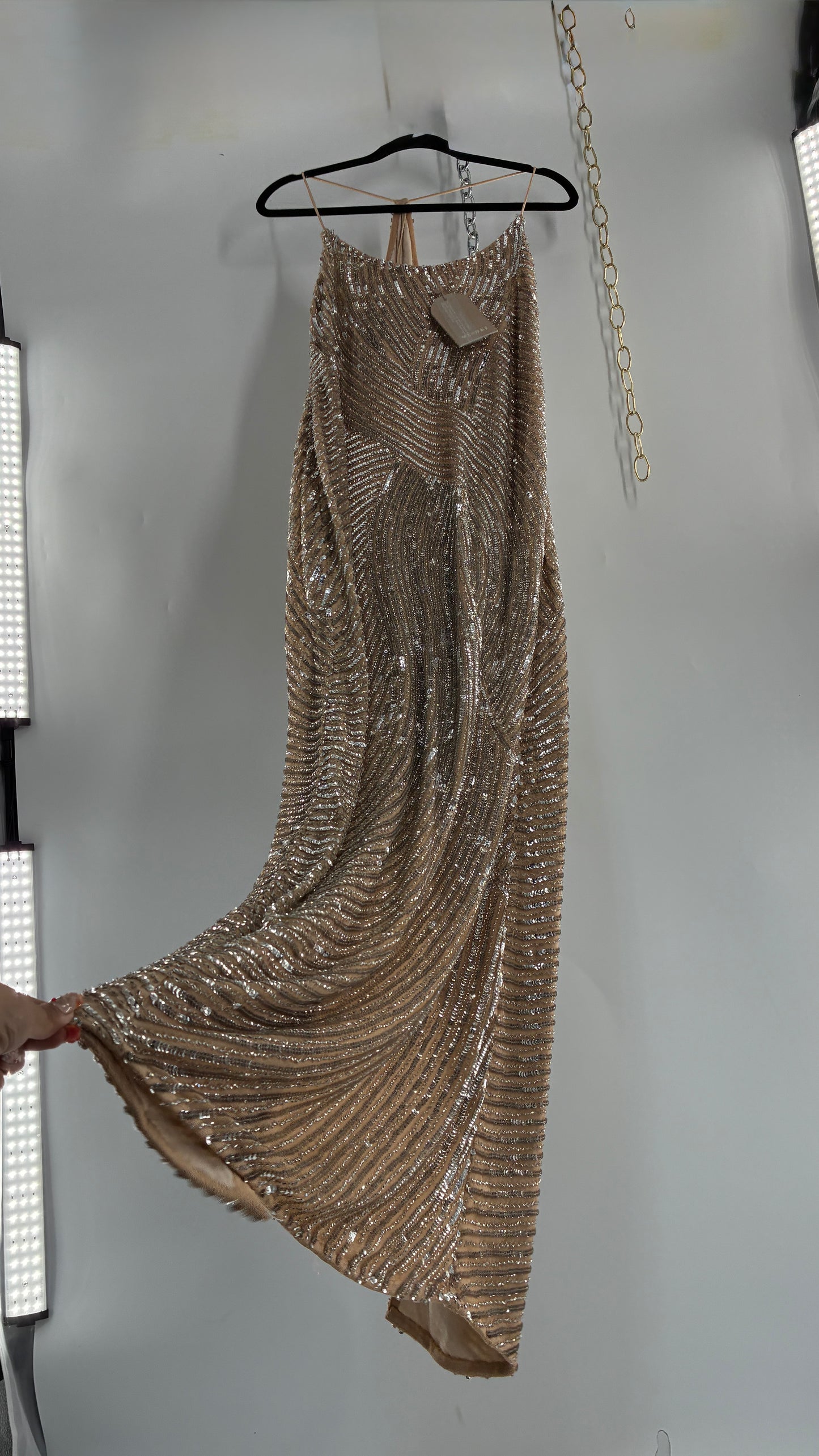 MESHKI Tierra Nude Full Length Dress with Silver Sequins with Tags Attached (XXXL)