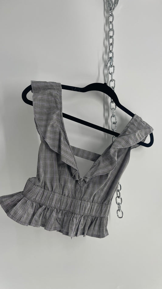 LIONESS Gray Plaid Open Back, Ruffled Shoulder, Cinch Waist (Small)