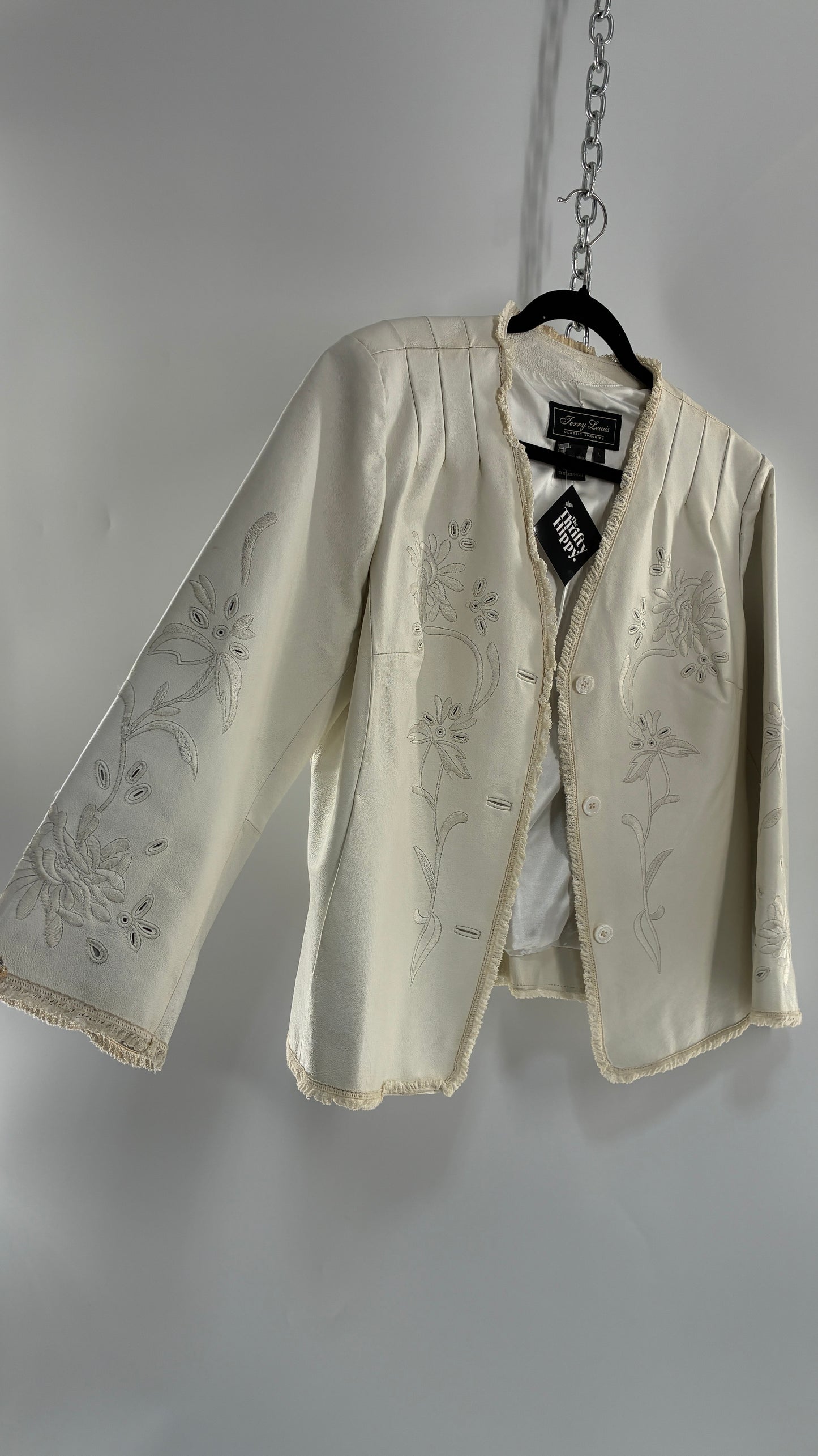 Vintage TERRY LEWIS White Leather Pleated Back, Embroidered Jacket with Lace Trim (Large)