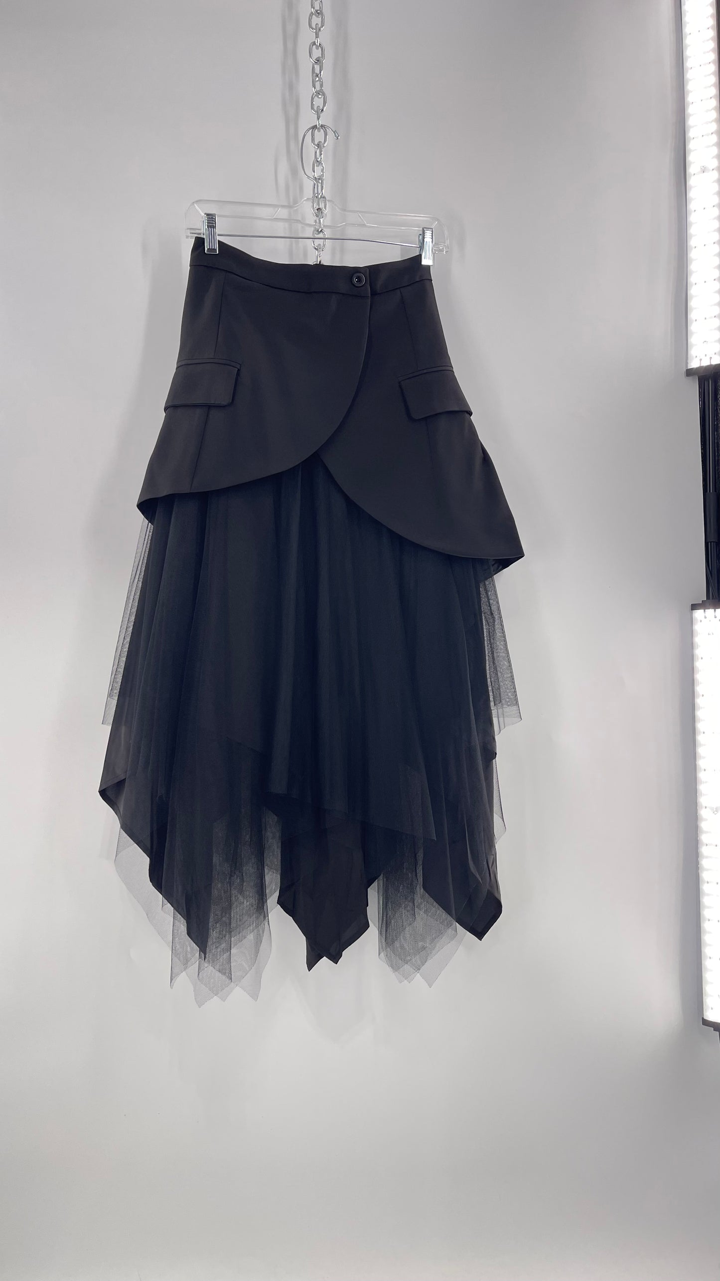 Two Twin Style Black Blazer Skirt with Mesh Tulle Layered Handkerchief Hem (S)