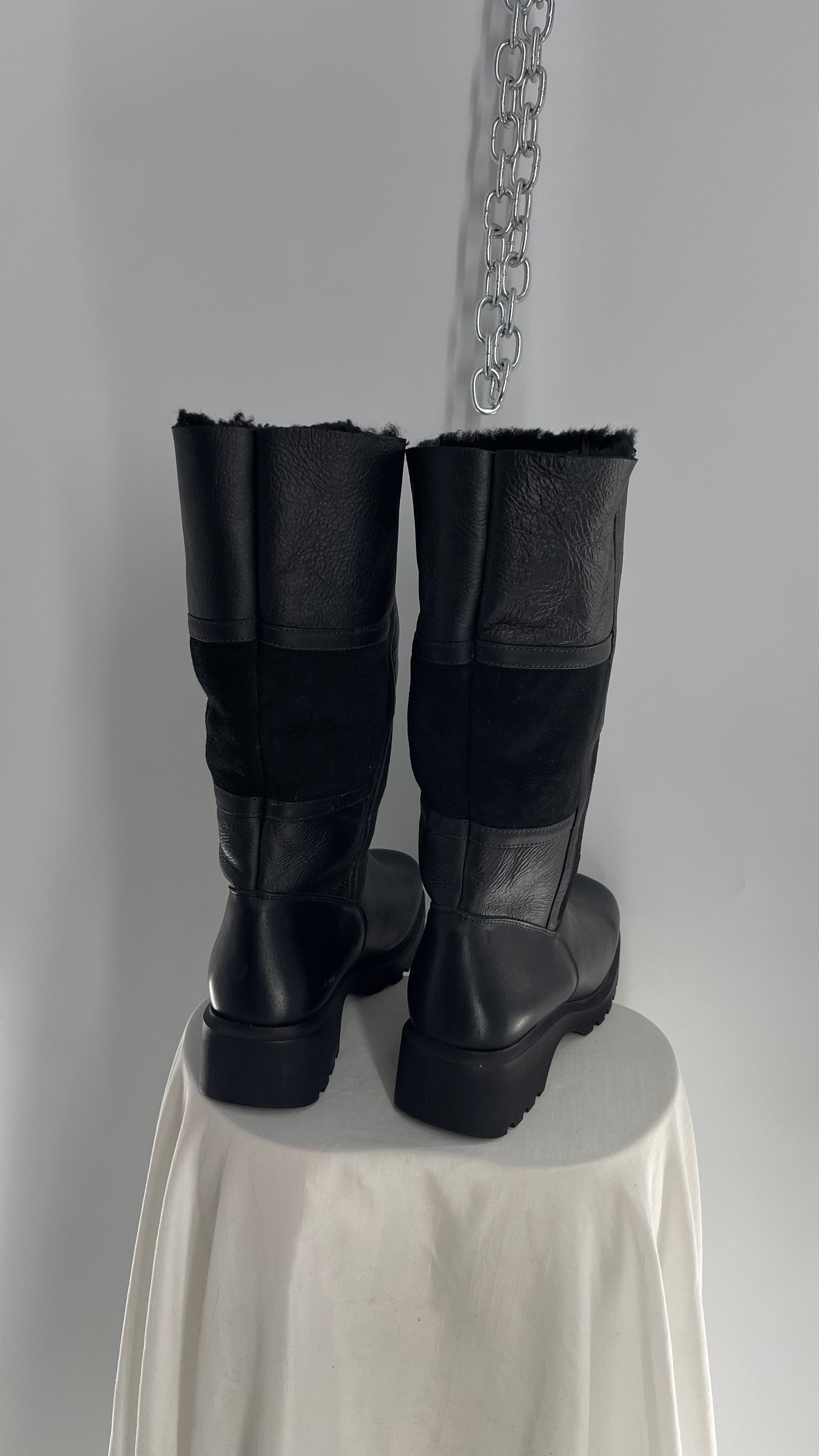 Vintage 1990s LA CANADIENNE Mixed Panel Suede and Patent Leather, Square Toe, Fur Lined Boots (10)