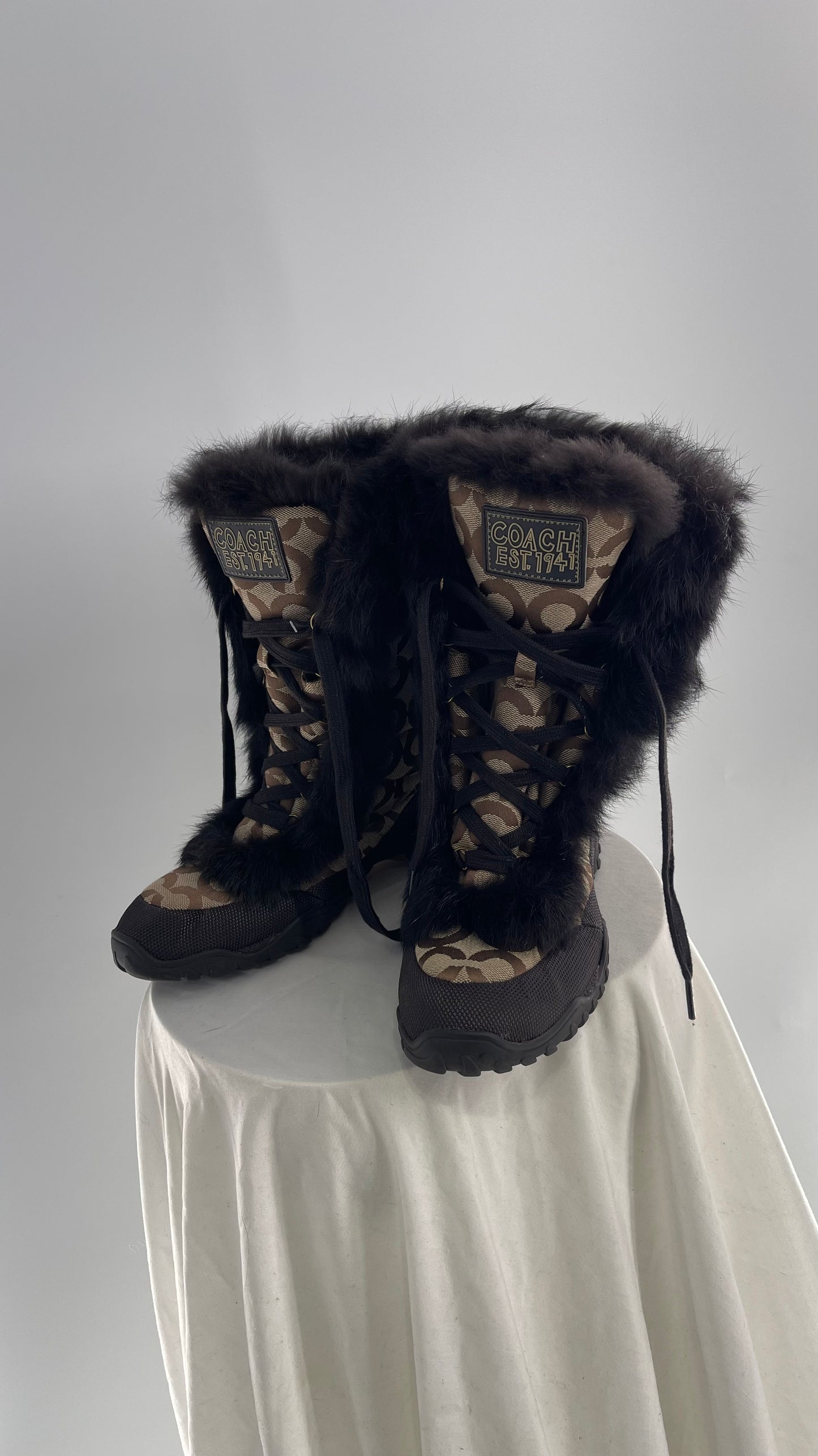 COACH Jennie Signature Quilted All Over Monogram Print Winter Boot with Rabbit Fur Trim (9)