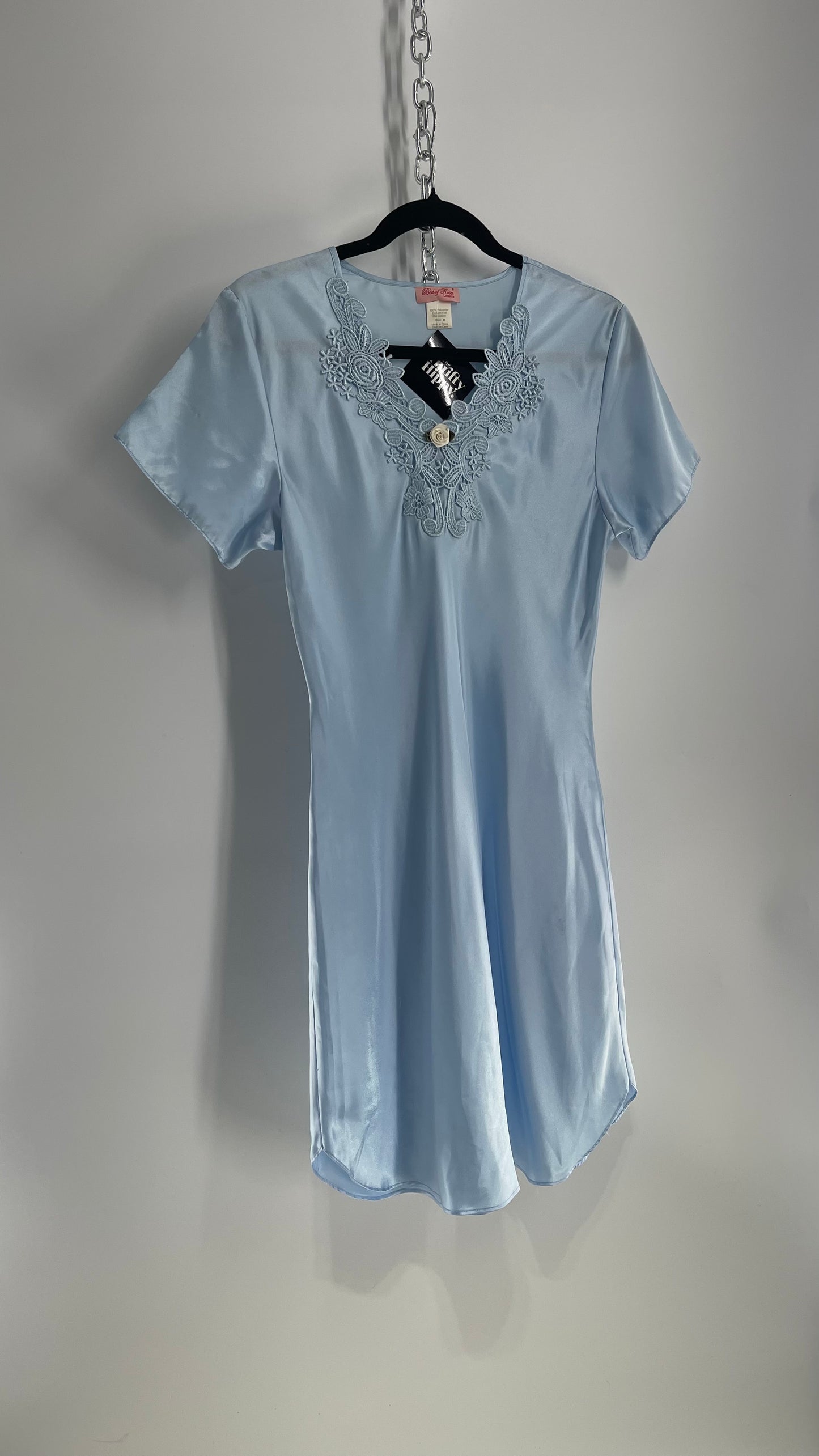 Vintage Bed of Roses Baby Blue Silky Dress with Lace Neckline (Medium)