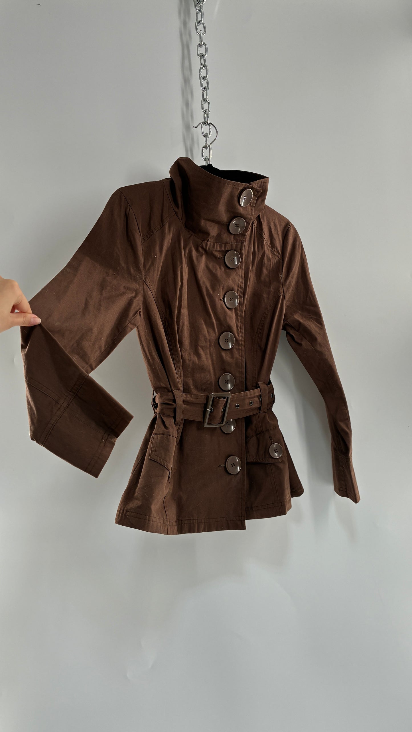 Vintage LAST KISS Brown Belted Trench Jacket with Pipe Neck and Oversized Buttons (Medium)