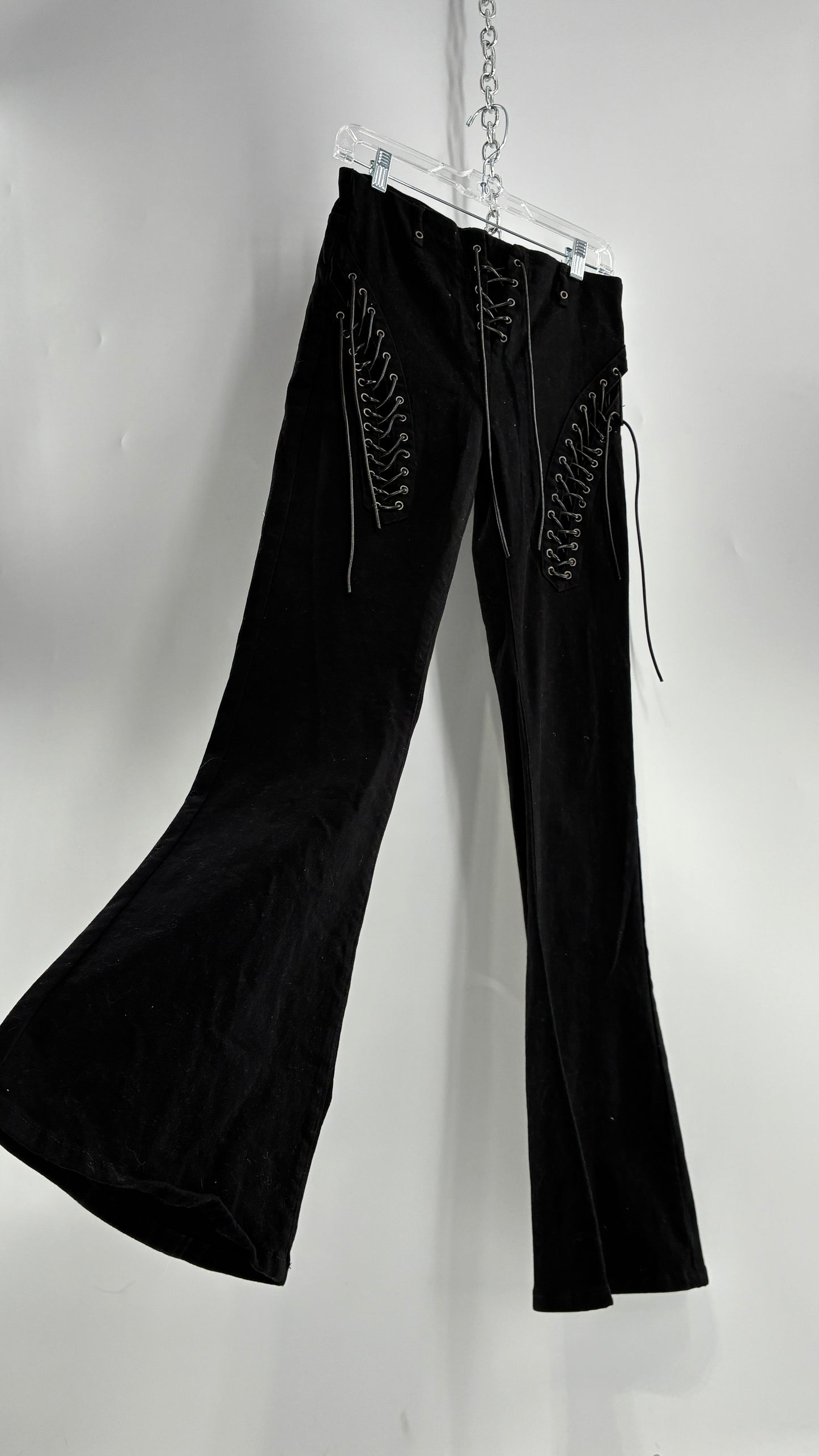 Edikted Black Denim Flares with Open Side Tie Up Details (Medium)