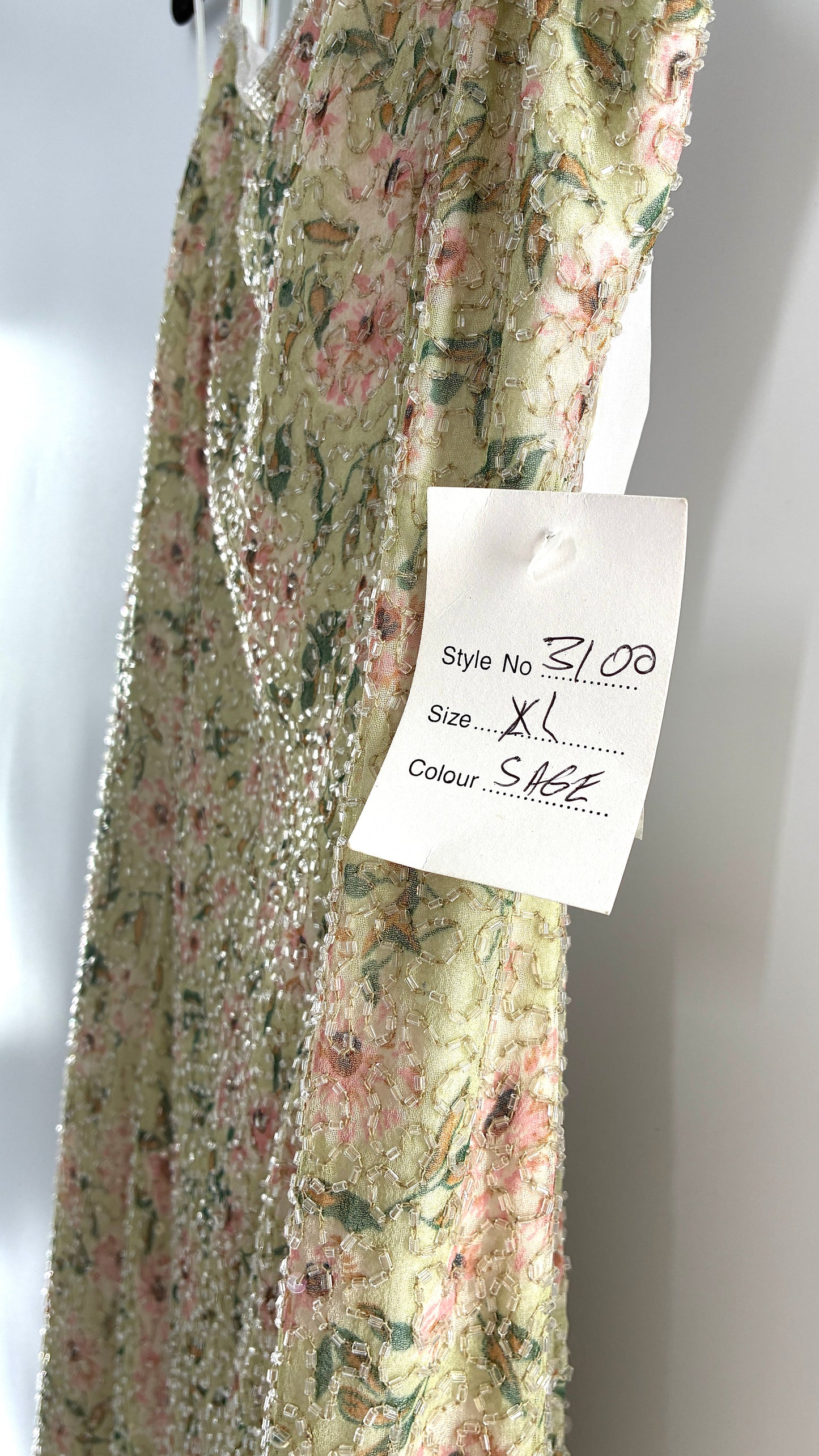 Deadstock Vintage Sage Green Beaded Floral Gown with Open Back, Built in Bust Padding, and Tags Attached (XL)
