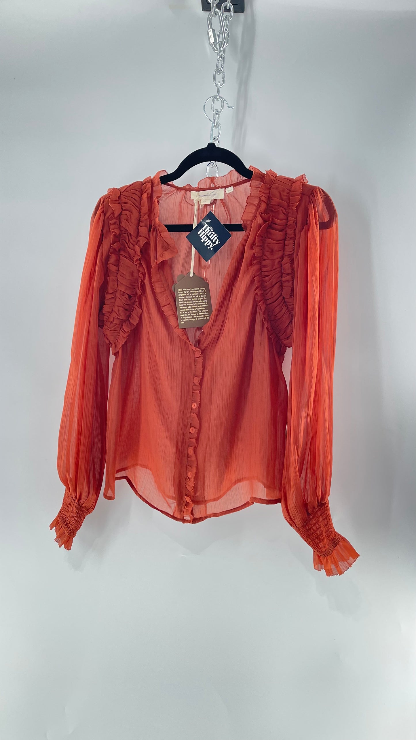 Forever That Girl Burnt Orange Shear Delicate Button Front Top with Pin Tuck Shoulder Detail and Balloon Smocked Sleeve (Medium)