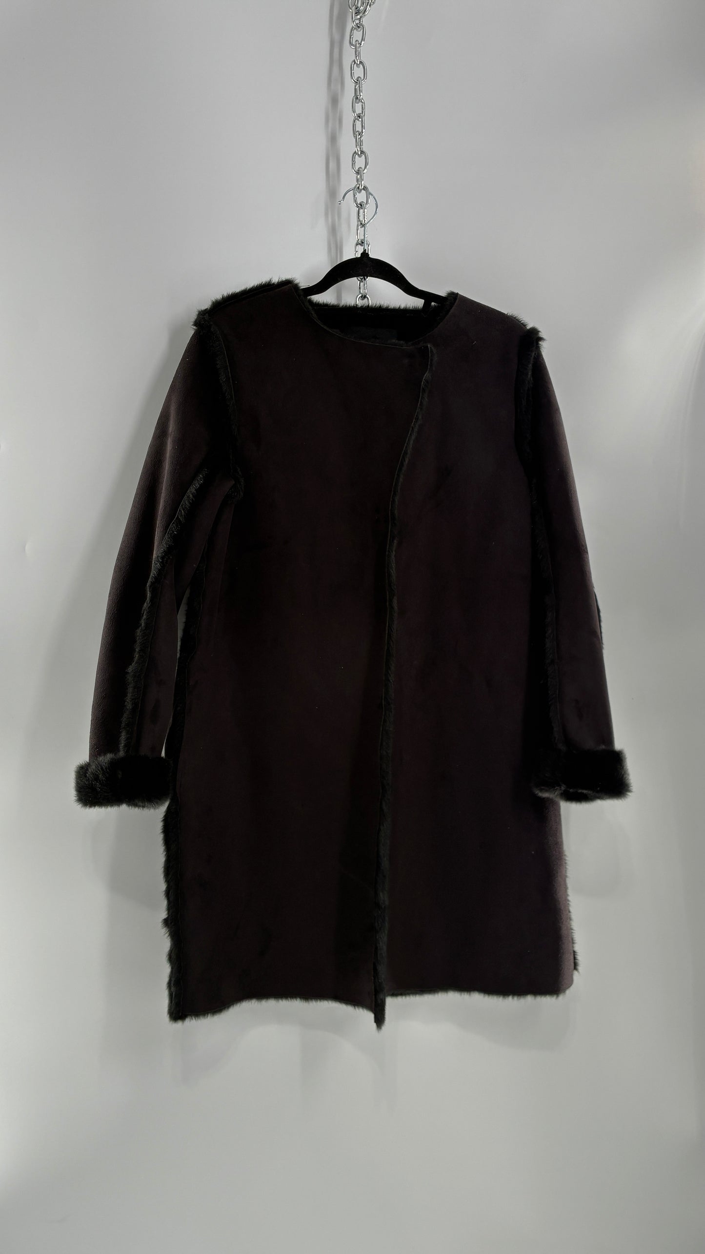 Vintage H&M Black Faux Suede Coat with Faux Fur Piping (12)