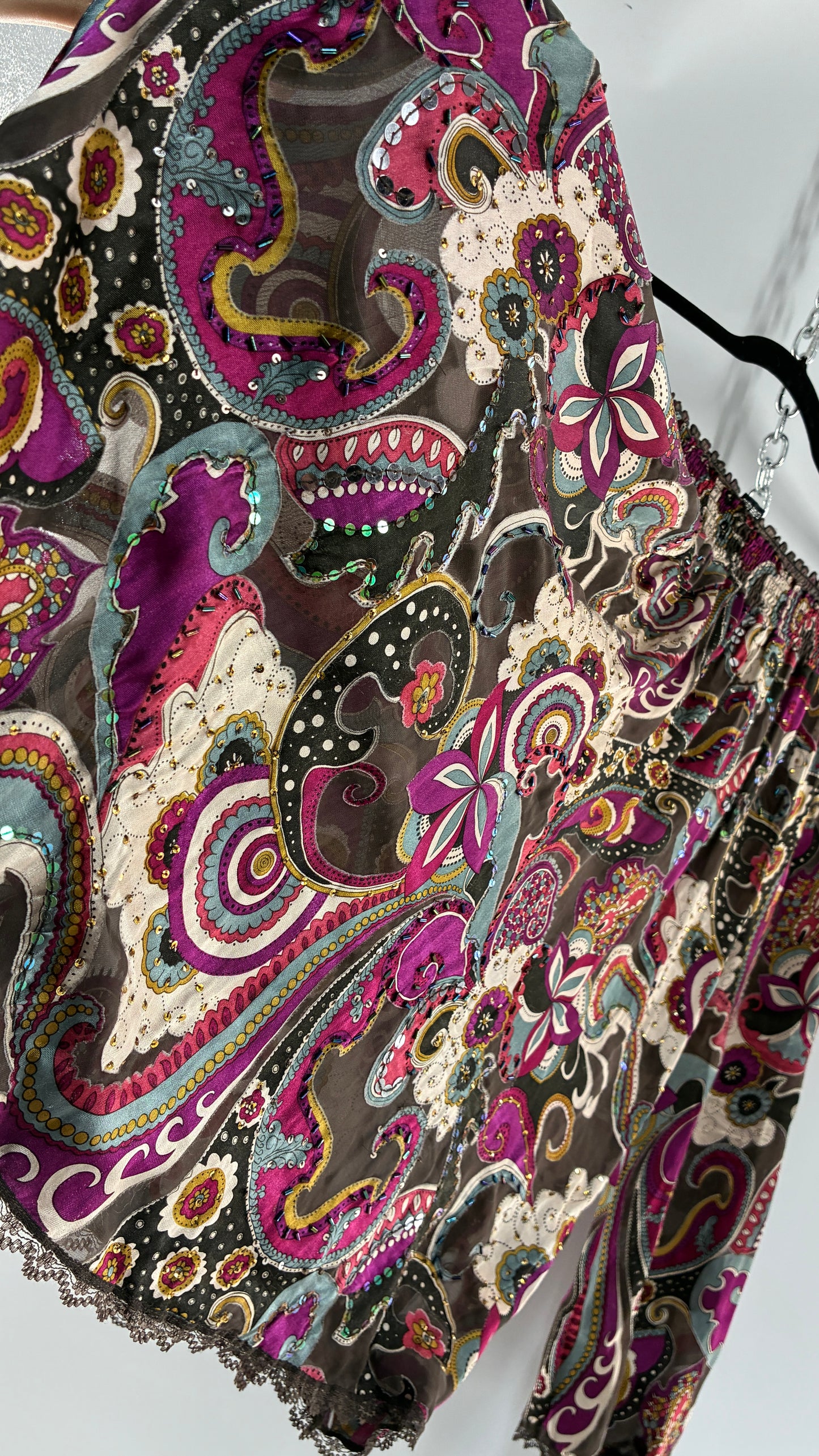 Vintage Italian 1990s 35% Silk Beaded Off the Shoulder Paisley Blouse/Mini Dress with Lace Trim (One Size)