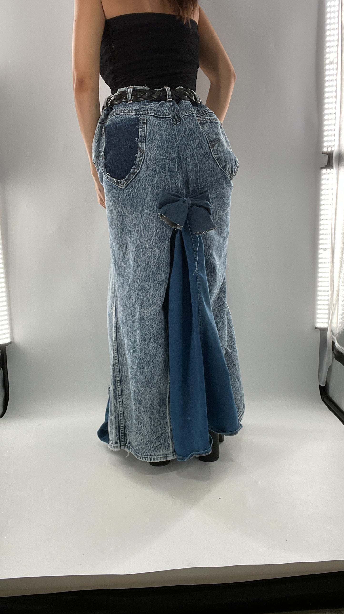 Custom Handmade Acid Wash Denim Slit Front Ruffled Skirt with Bow Bum (Large)